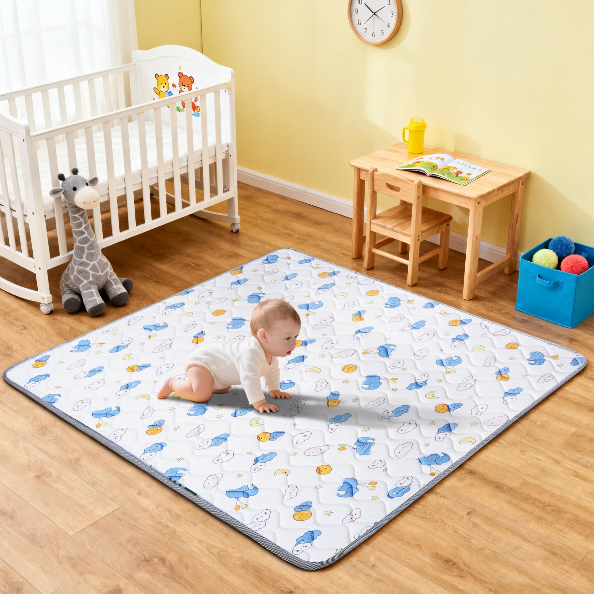 – Baby Play Mat, 127×127cm Foldable Kids Playmat, Cotton Baby Play Mats for Floor, Non Slip Baby Crawling Play Mat, Machine Washable Baby Activity Play Mat for Toddlers 1 2 3 Years Old, Elephant