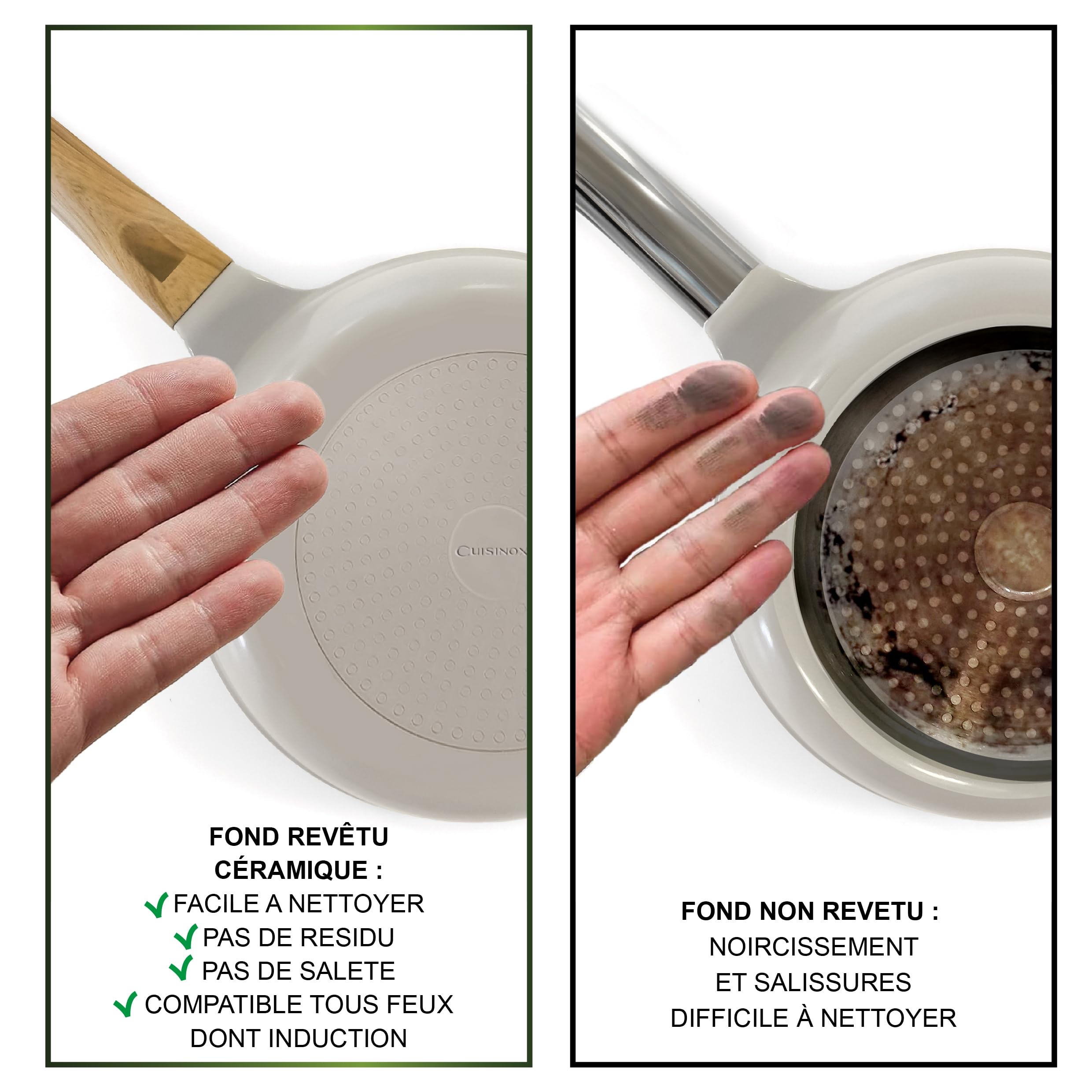 Cuisinox - Mythic - Sauteuse 24 cm avec revêtement en céramique blanche et couvercle assorti - Poignée Fixe Soft Touch effet bois - Sans PFOA et PFAS - Coloris Blanc et Gris