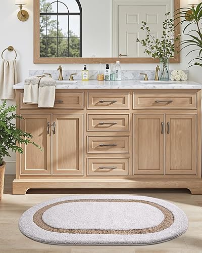 Miniatura 8 de LUMI Alfombra de baño ovalada blanca, 24 x 36 pulgadas, antideslizante, lavable, alfombra de baño suave y absorbente con microfibra de secado rápido