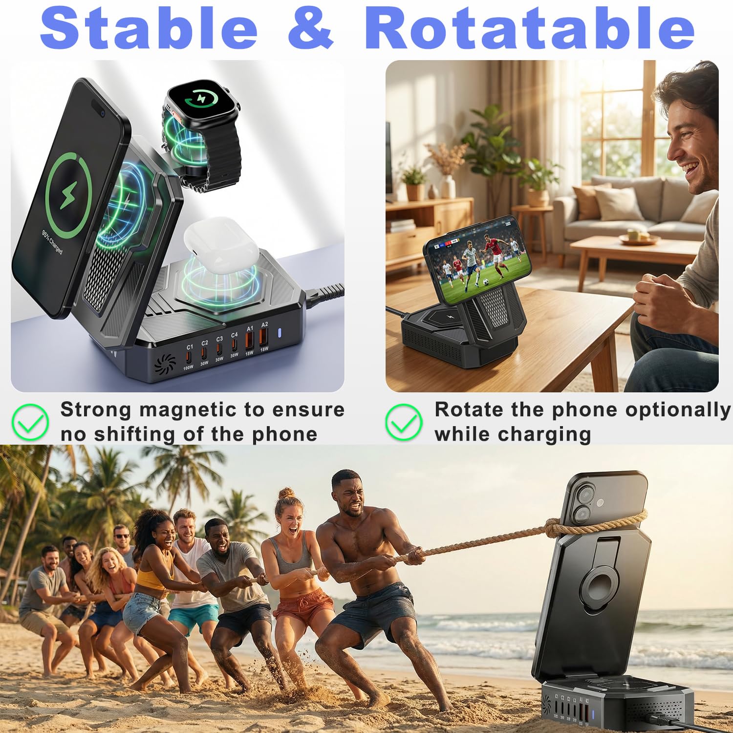 Estación de carga magnética plegable 9 en 1, concentrador de 250 W con USB-C de 100 W para portátiles, base inalámbrica 3 en 1 para teléfonos/relojes/auriculares