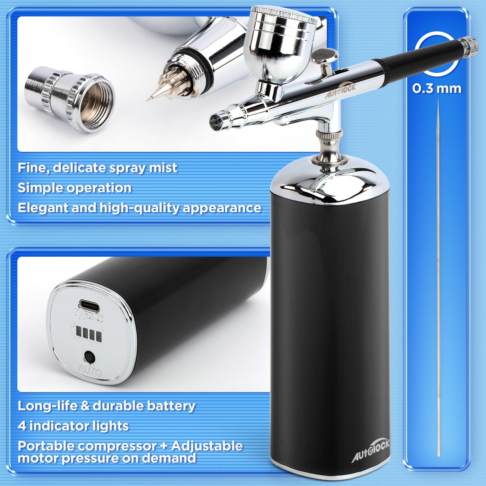 Autolock Airbrush, set di pistola a spruzzo 30PSI con compressore, kit aerografo portatile set aerografo a mano ricaricabile, per trucco, decorazione torte, modello, nail art, tatuaggi