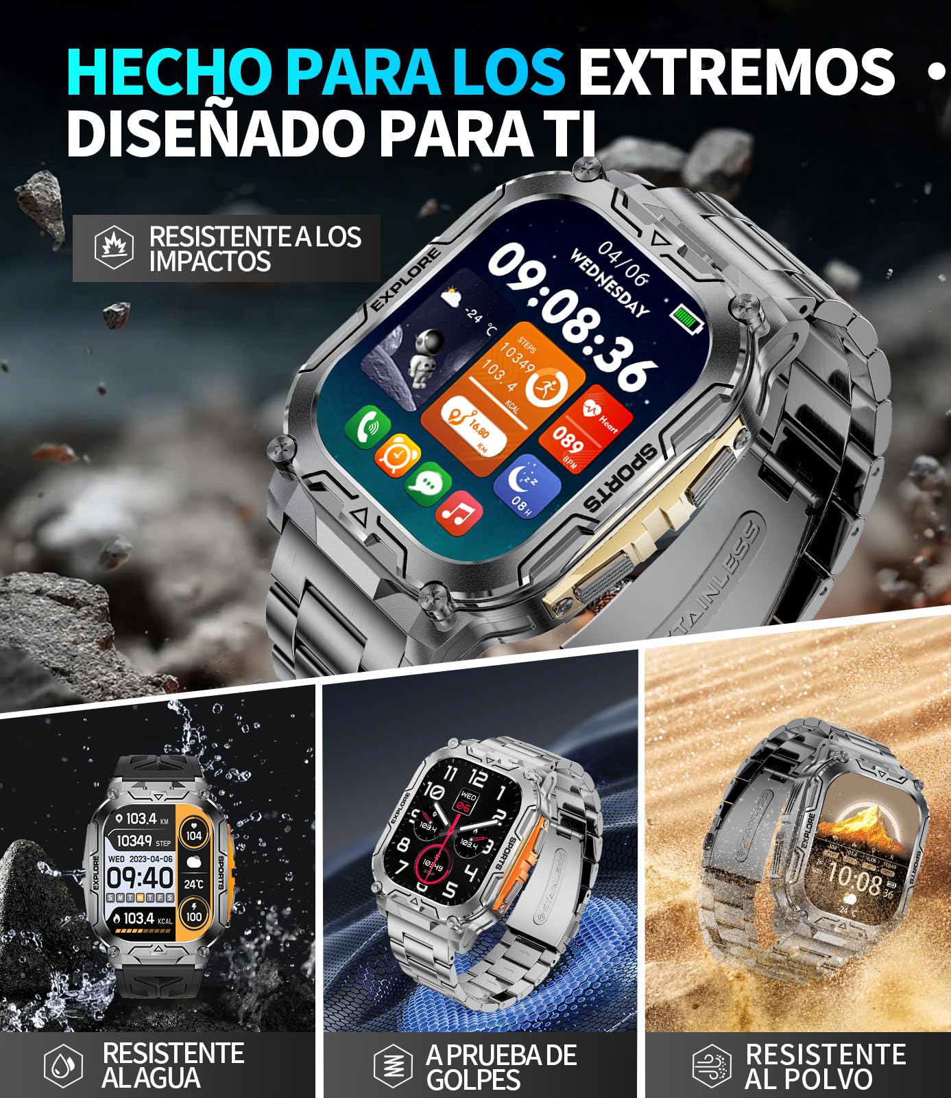 Reloj Inteligente Hombre, Batería 1000 mAh, Linterna LED,Smartwatch para Correr con Pantalla HD 2.01", Podómetro, Monitor de Sueño, IP68 Impermeable, Smartwatch Android iOS (Negro-Naranja)