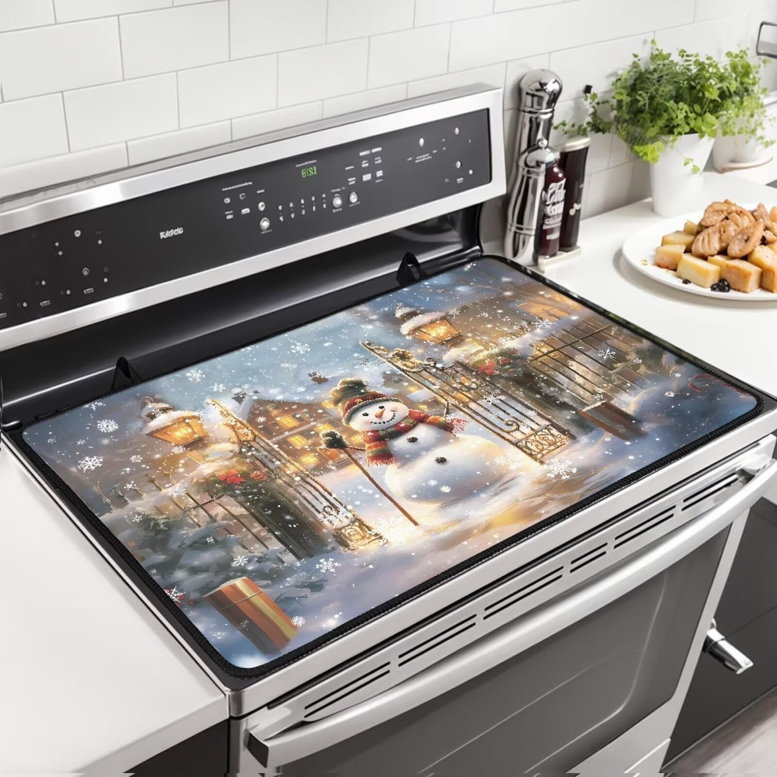 Holiday Decor Stove Cover for Electric Stove, Heat Resistant Cooktop Cover Protector Mat Heat Resistant Stovetop Mat- 29.18"x20.96" Christmas Snowman Print