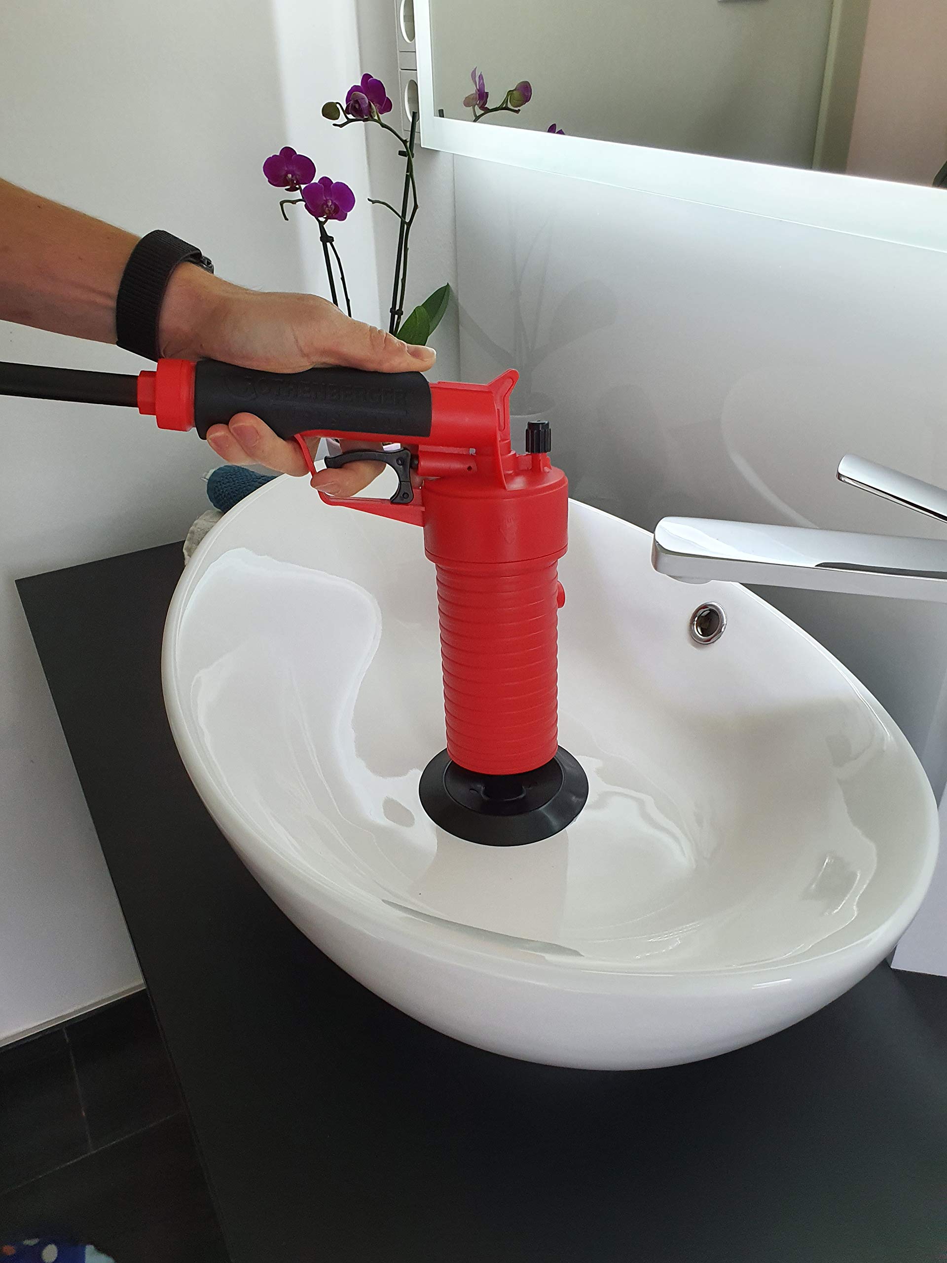 Abflussreiniger Spirale mit Rückholbohrer 10,0 m - 072986E & Pressluft Rohrreiniger inkl. 4 Gummiadapter, Rohr frei in Bad, Küche, WC. Reinigung mit Luftdruck - 150000006
