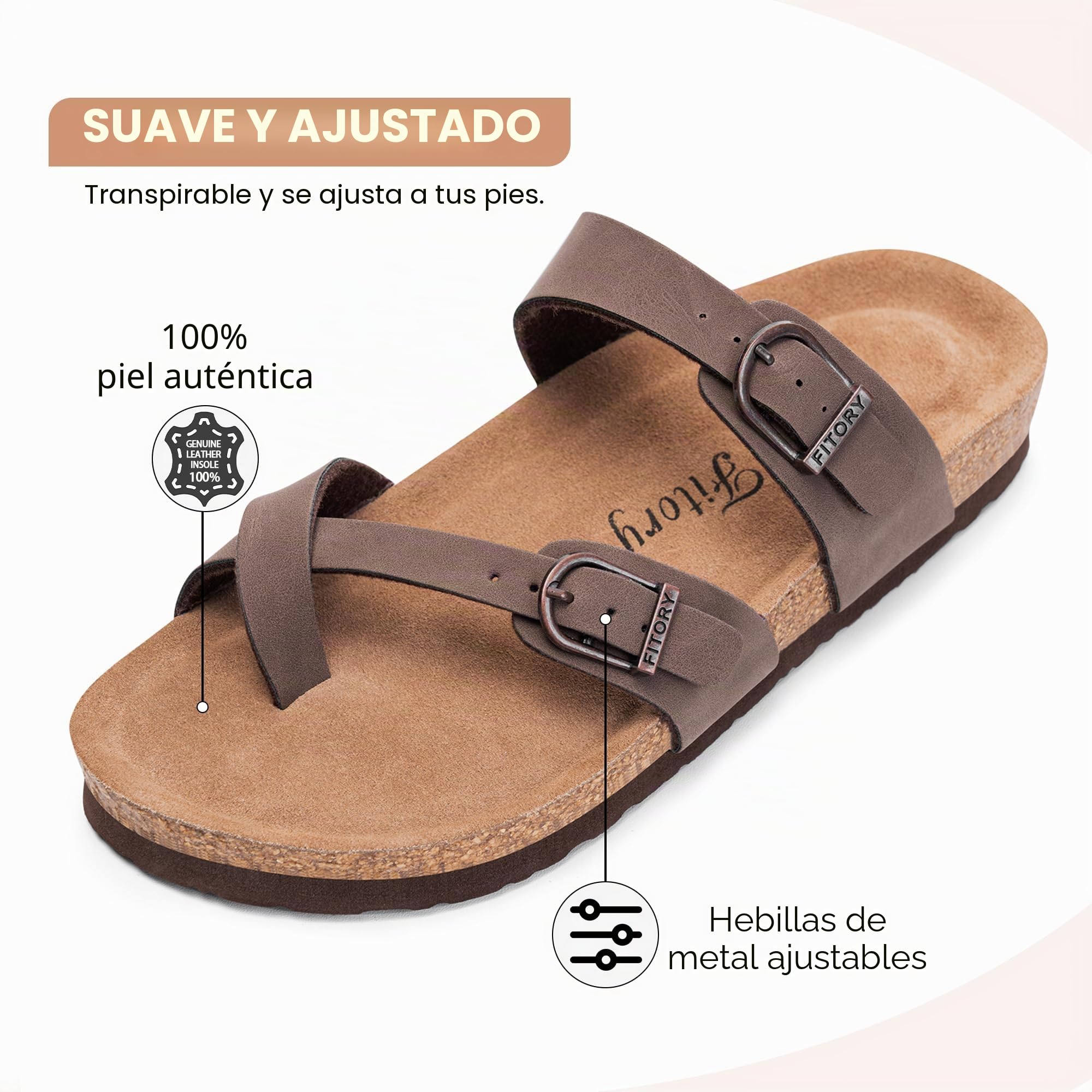 FITORY Sandalias de cuero para mujer con plantilla de corcho, ajustables cómodas y antideslizantes para verano, talla 37-43