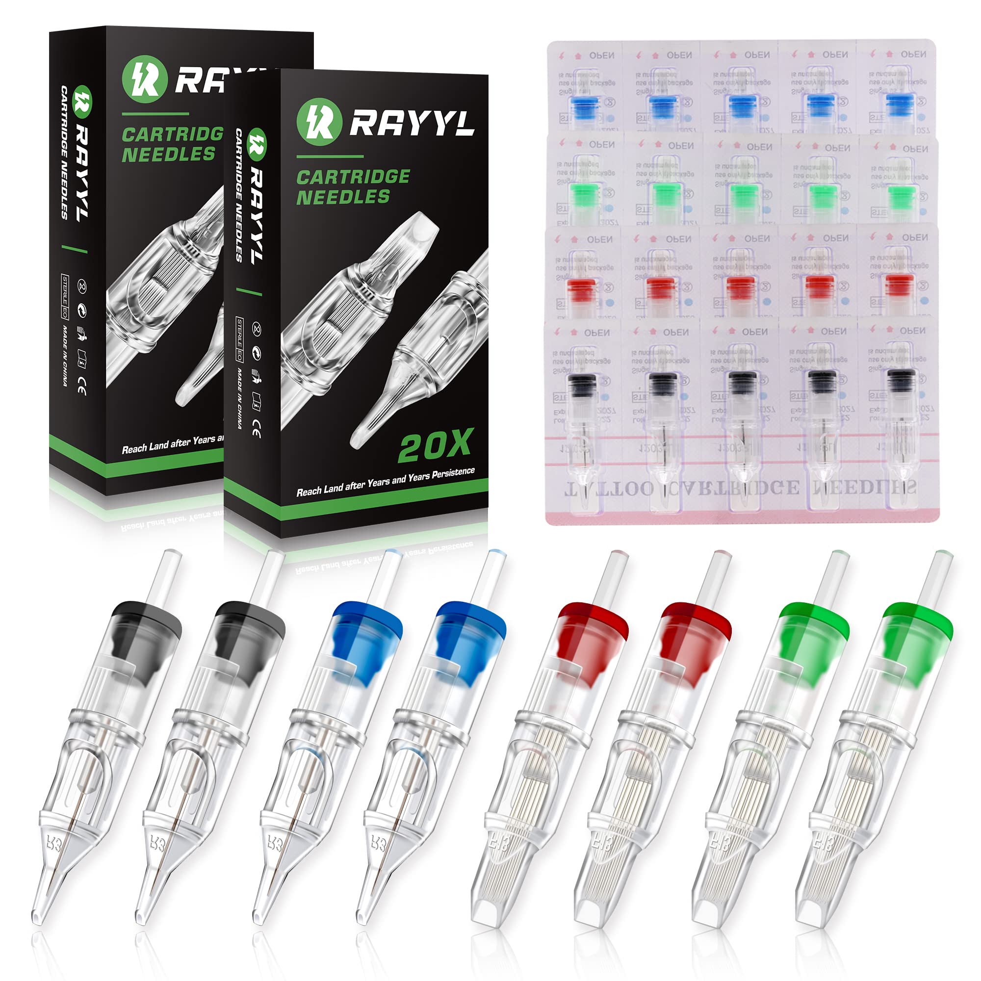 Rayyl Tattoo Cartridge Nadeln Mix, 40 Stück Tattoo Cartridges Nadeln Set 3RL 3RS 5RM 5M1 Mixed Cartridge Nadeln für Tattoo Cartridge Machine Pens
