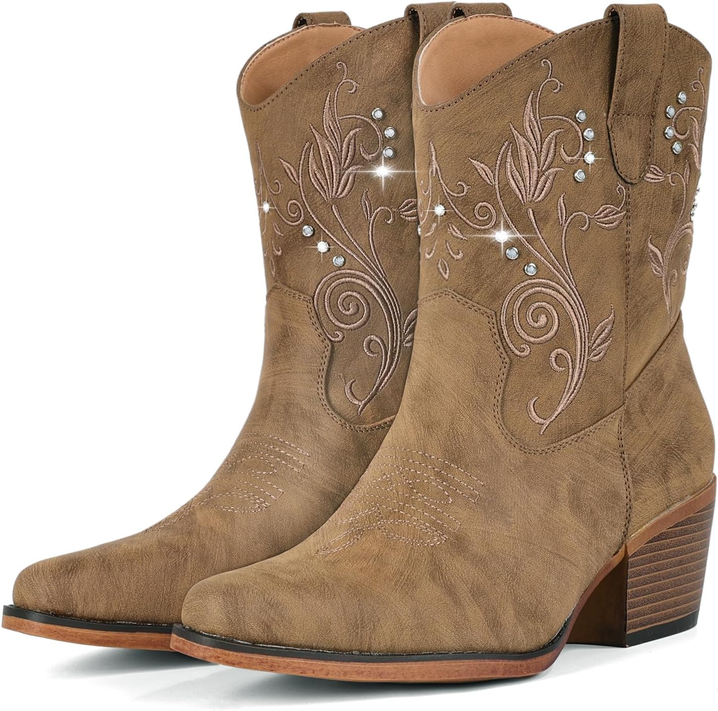 IUV Cowboy Boots for Women Ankle Cowgirl Boots with Embroidered Rhinestone Decor Chunky Heel Snip Toe Classic Western Wide Booties