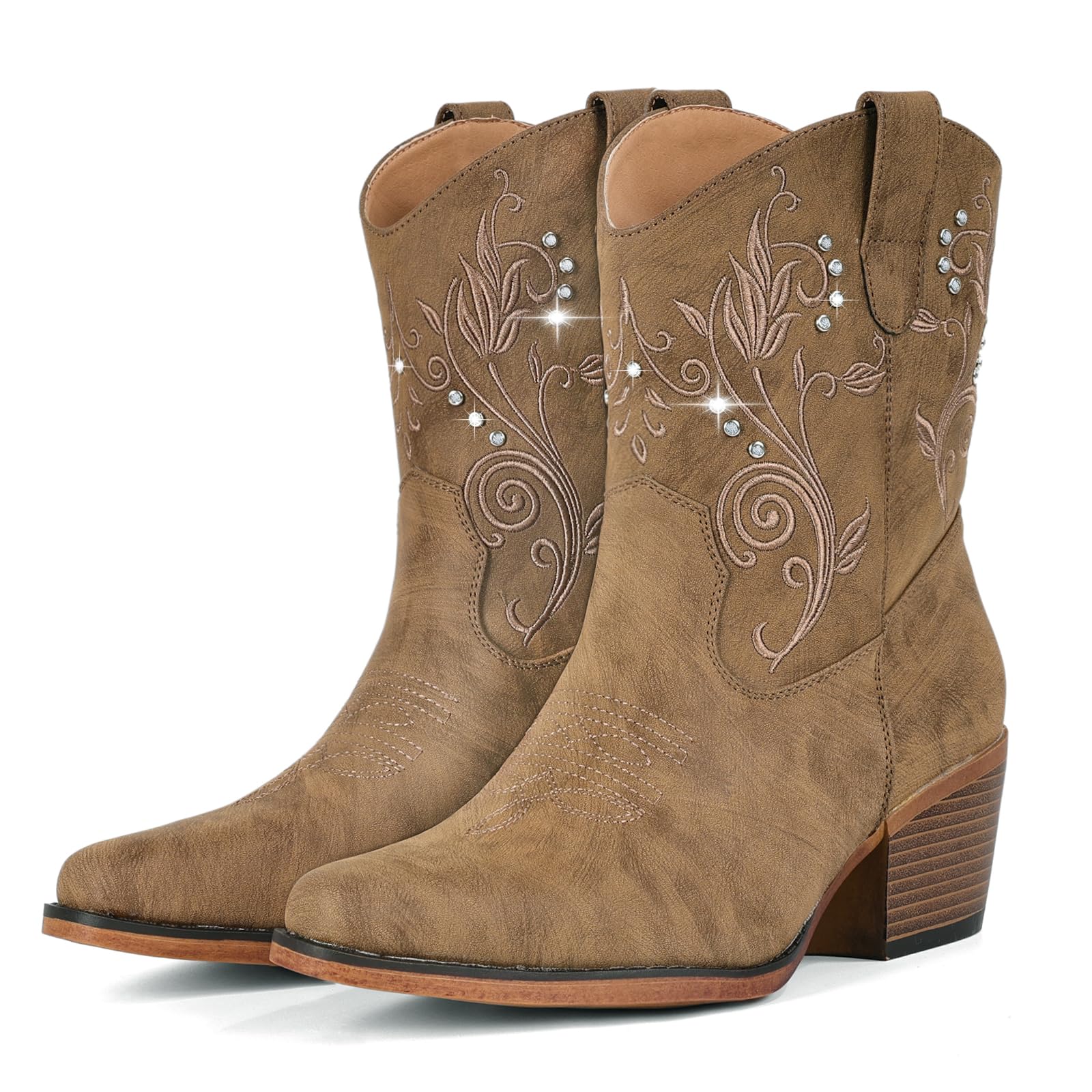 - Cowboy Boots for Women Ankle Cowgirl Boots with Embroidered Rhinestone Decor Chunky Heel Snip Toe Classic Western Wide Booties