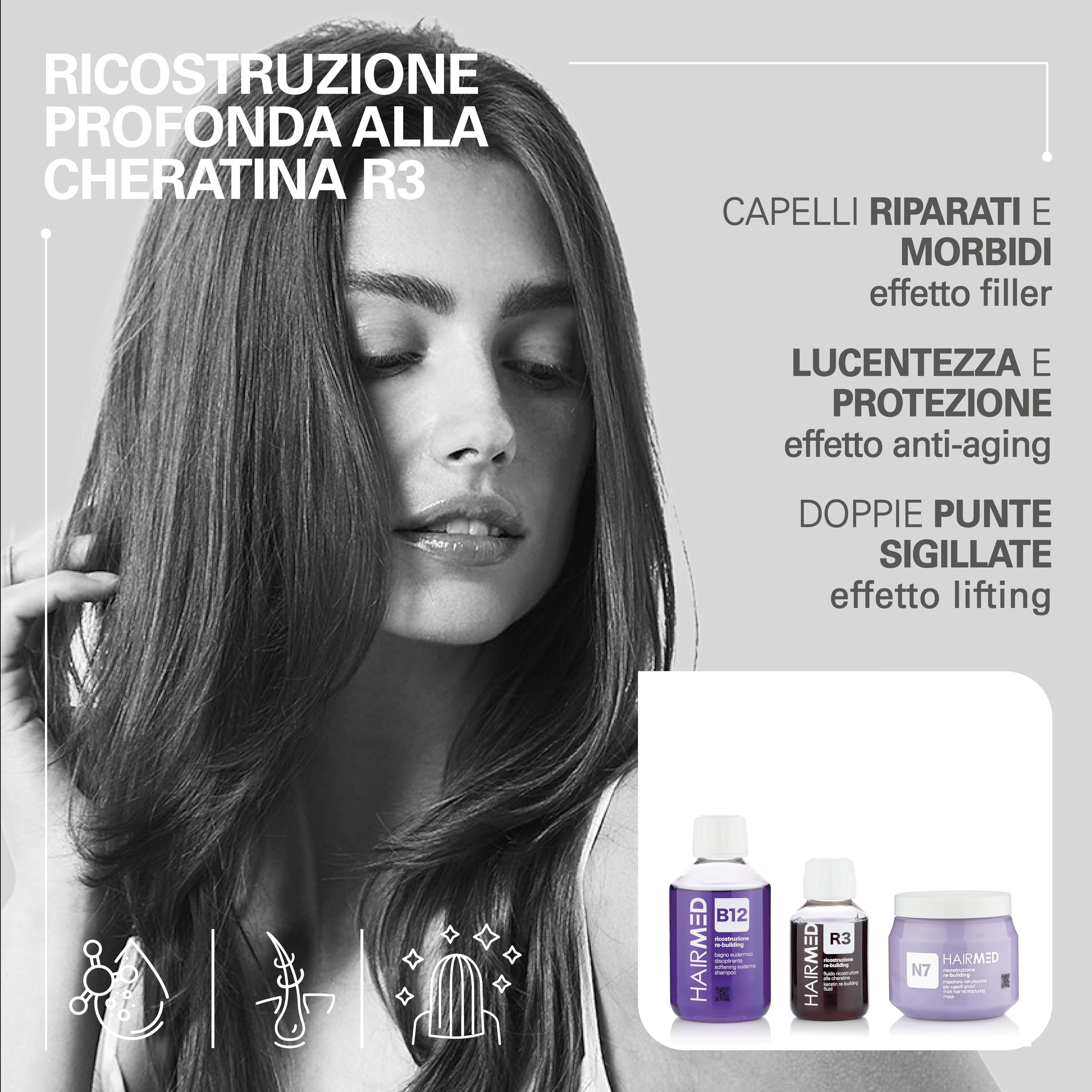 HAIRMED - Set Trattamento Ristrutturante per Capelli Danneggiati Professionale - Shampoo B12, Maschera N7 e Siero Cheratina R3