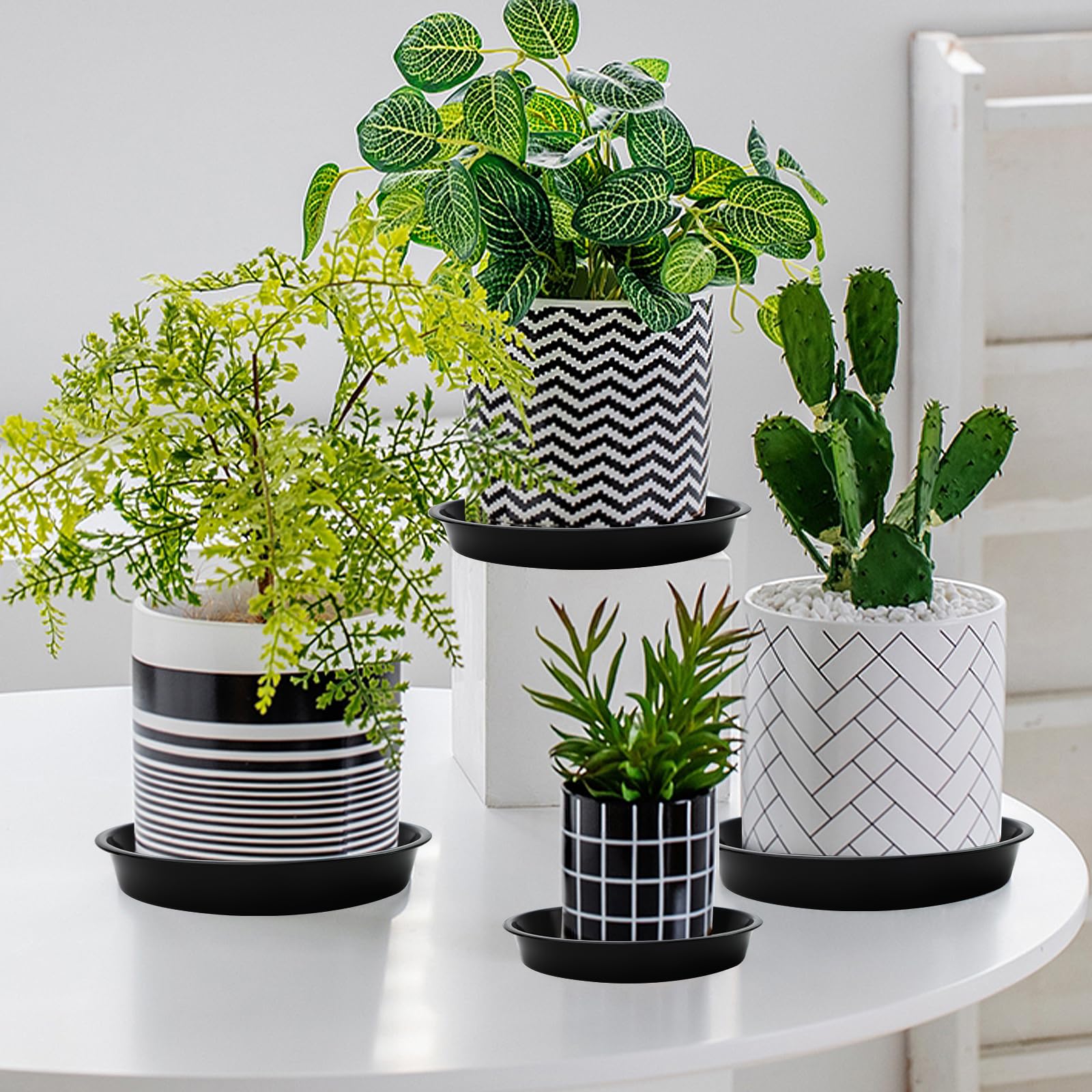 6 Stück Blumentopf Untersetzer Rund mit 10 Etikett, Kunststoff Blumenuntersetzer Pflanzen Untersetzer für Blumentöpfe Innen- und Außenpflanzen, Schwarz - Ø 34cm