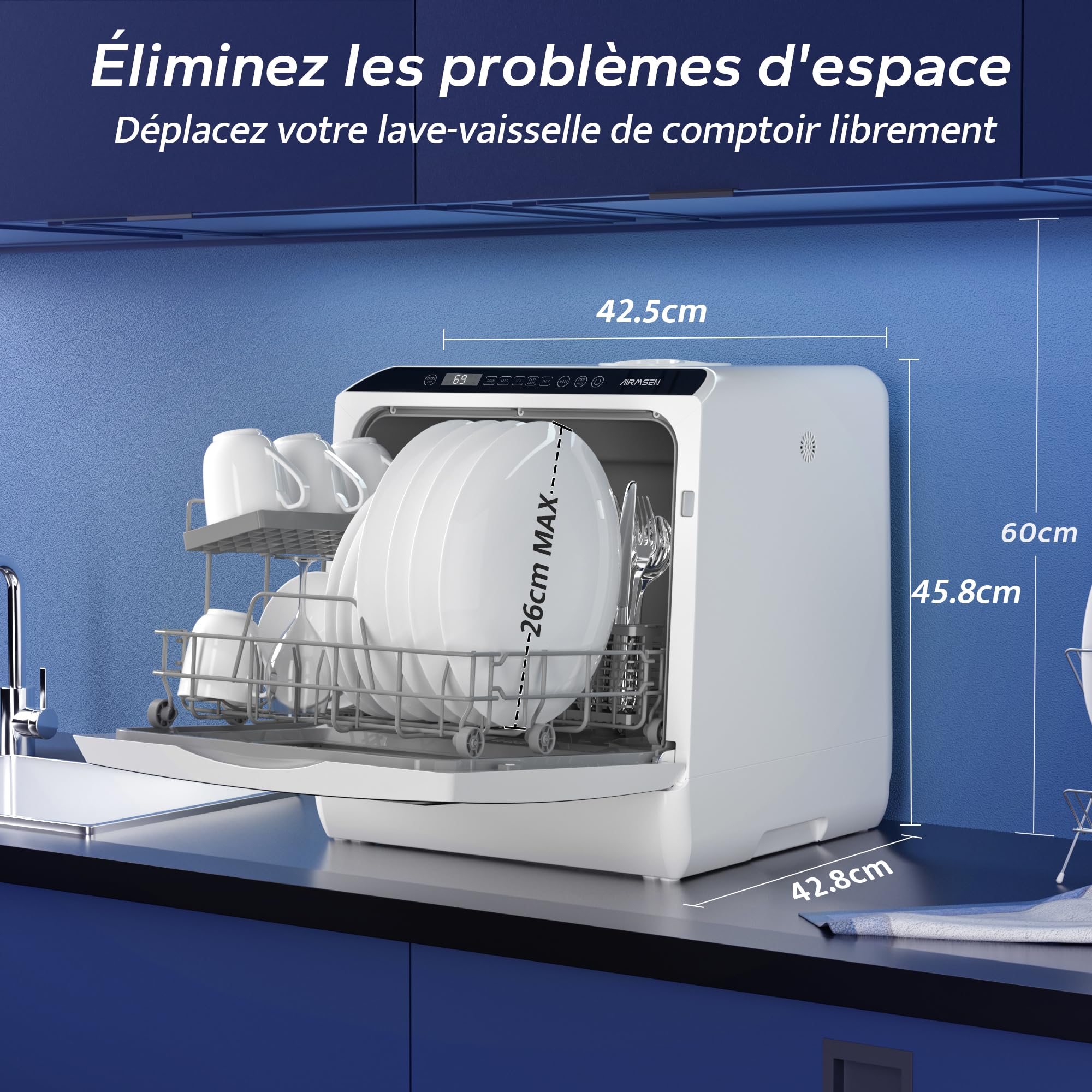 AIRMSEN Mini Lave-Vaisselle de Comptoir, 5+1 Programmes, Réservoir 5L, Contrôle Tactile, Écran LED, Blanc et Noir