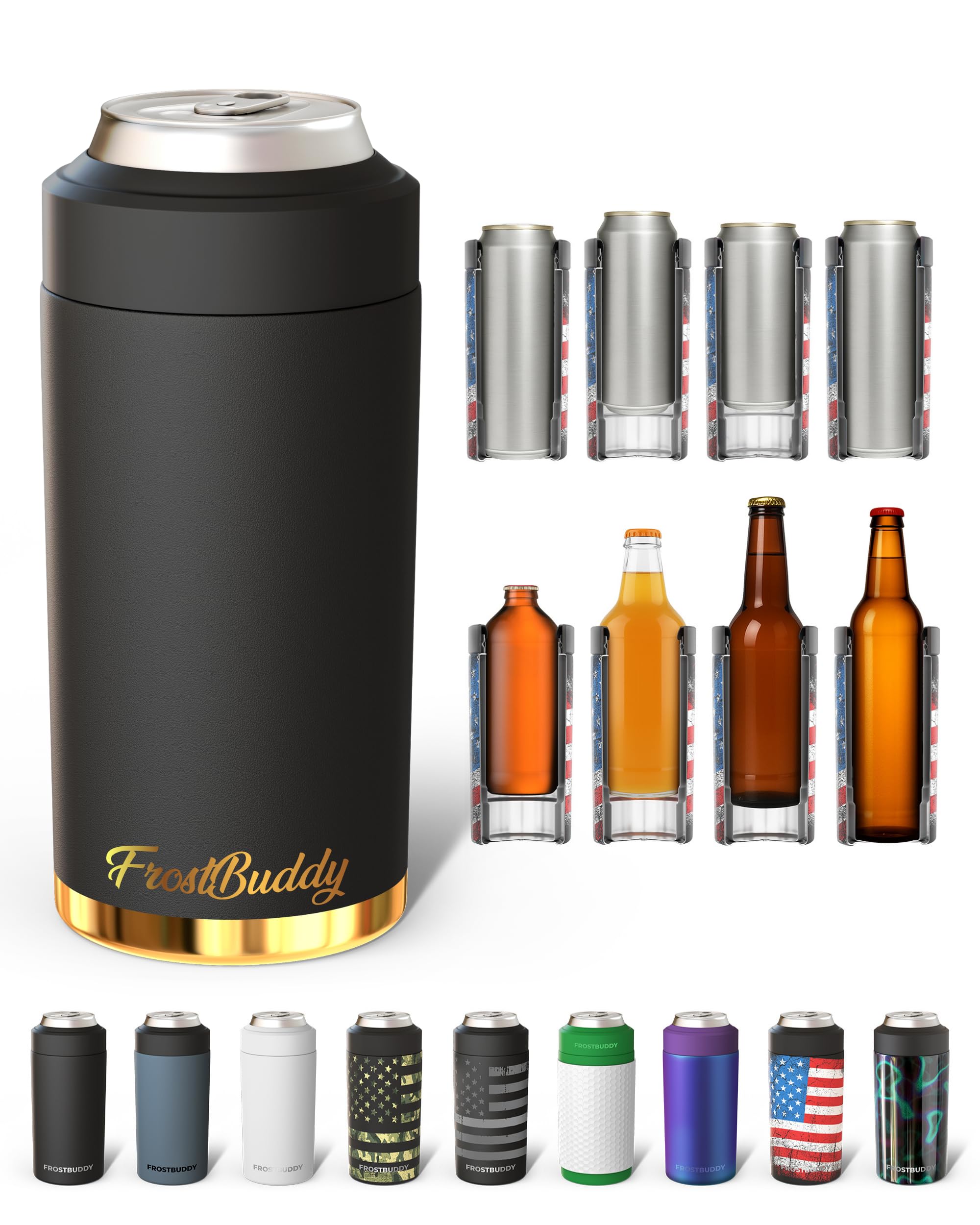 Frost Buddy Universal Buddy Can Cooler - Fits All - For Regular 12 &amp; 16 oz or Slim-Size Bottles - Insulated Double-Walled Stainless Steel (Texastea)