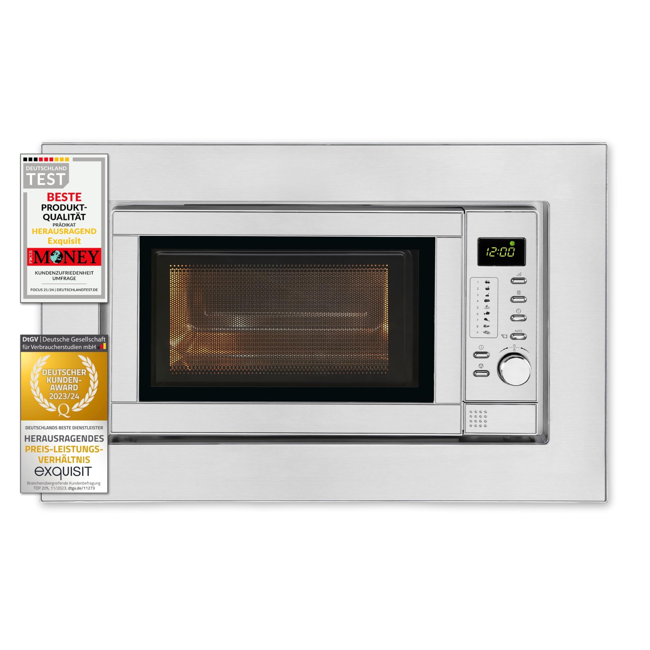 Exquisit Einbaumikrowelle mit Grill 900 W - 20 L, Silber/Edelstahl | 5 Leistungsstufen, Drehteller 24,5 cm, Einbaumaße B 59,5 x H 38,4 x T 33,5 cm, digitale Anzeige