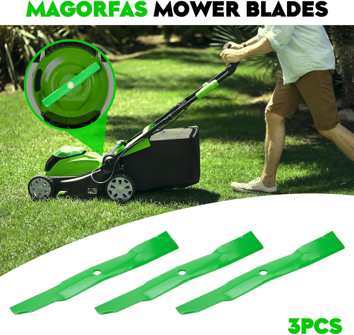 Lawn Mower Blades Medium Lift with 54 inch Deck Fits for GY20569 M113518 M115496 for John Deere 325 335 345 G100 GS25 GS35 GS45 Sabre 2254HV 2354HV 2554HV S2554, 3 PCS