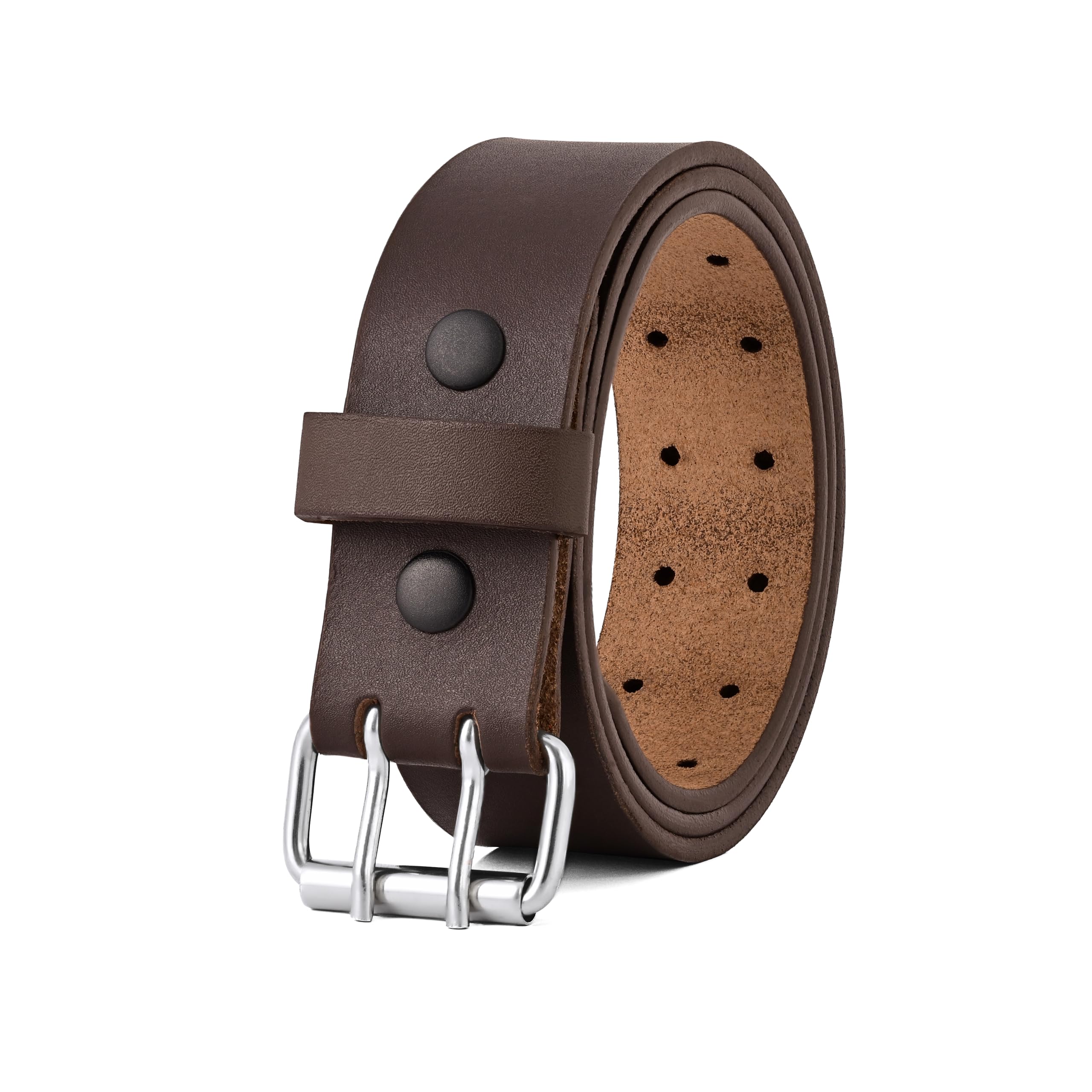 Leather Belts for Men Heavy Duty 1.75 Inch Wide Double Prong Casual Leather Grommet Belt