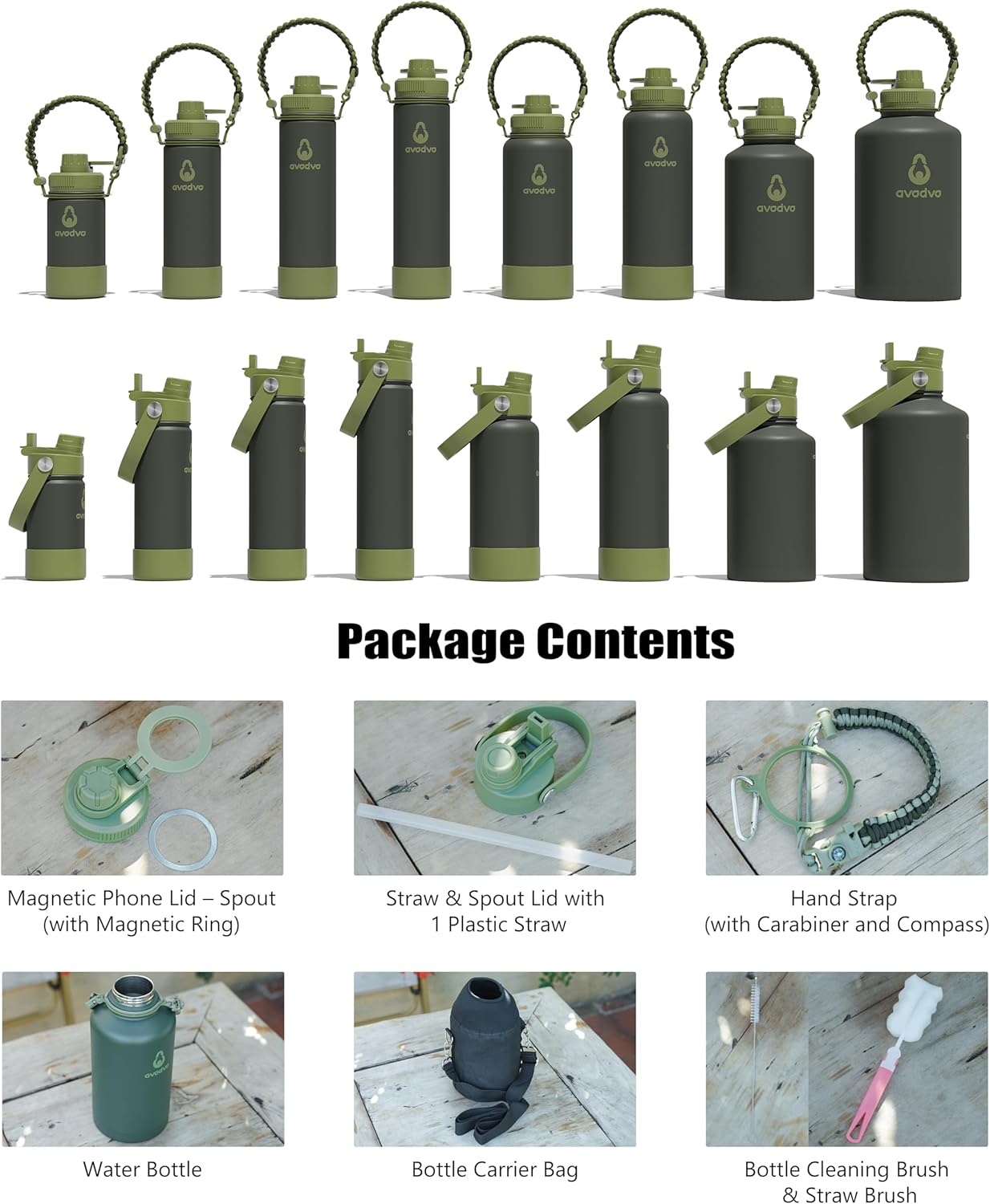 64 oz Water Bottle with 2 Lids (2-in-1 Straw & Spout Lid, Magnetic Lid), Insulated Water Bottle with Strap, Stainless Steel Water Bottle for Hiking, Gym, Travel, BPA-Free, Army Green