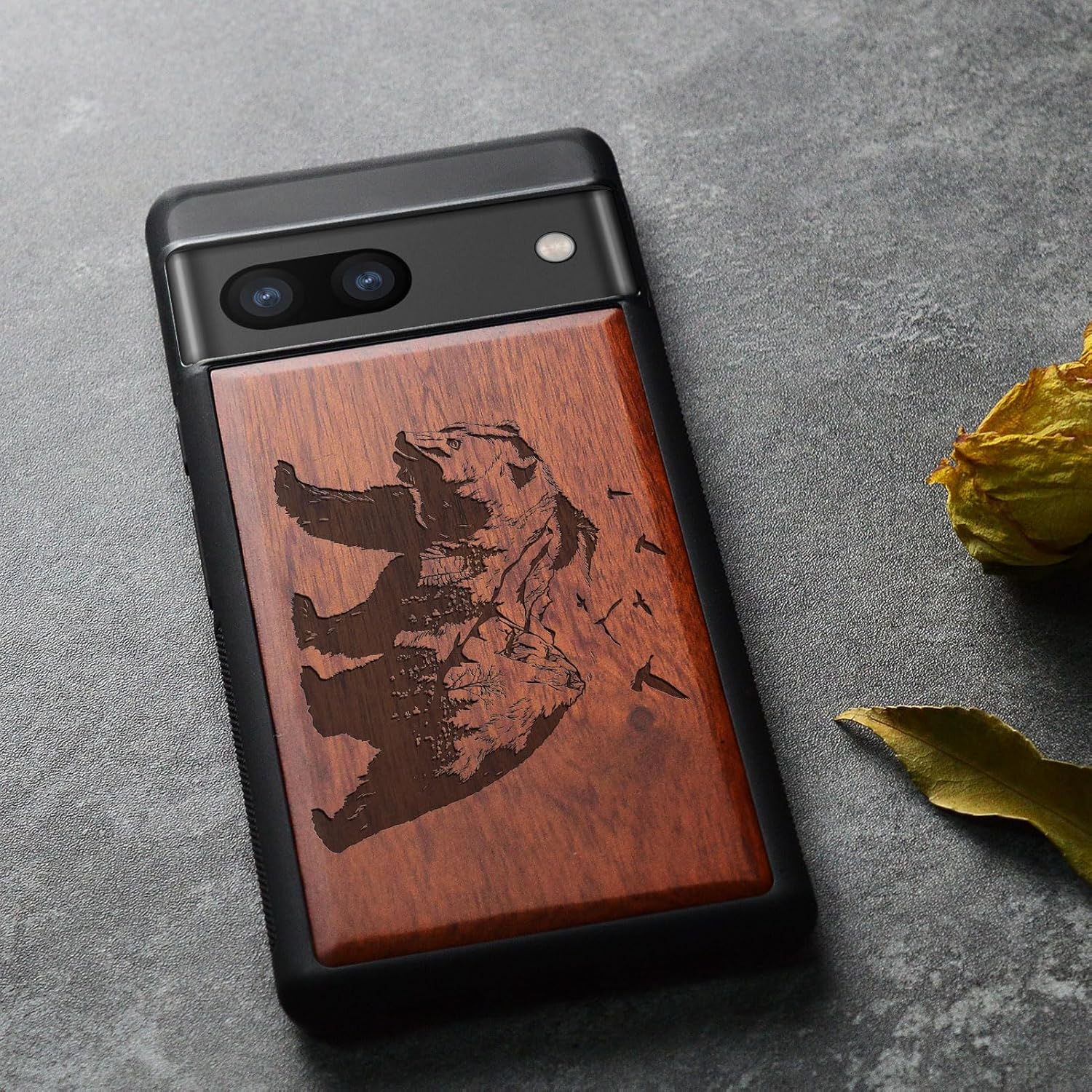 Carveit Wood Case for Pixel 8a Case [Natural Wood & Black Soft TPU] Shockproof Protective Unique Wooden Cover Compatible with Google Pixel 8a (Bear and Valleys-Rosy)