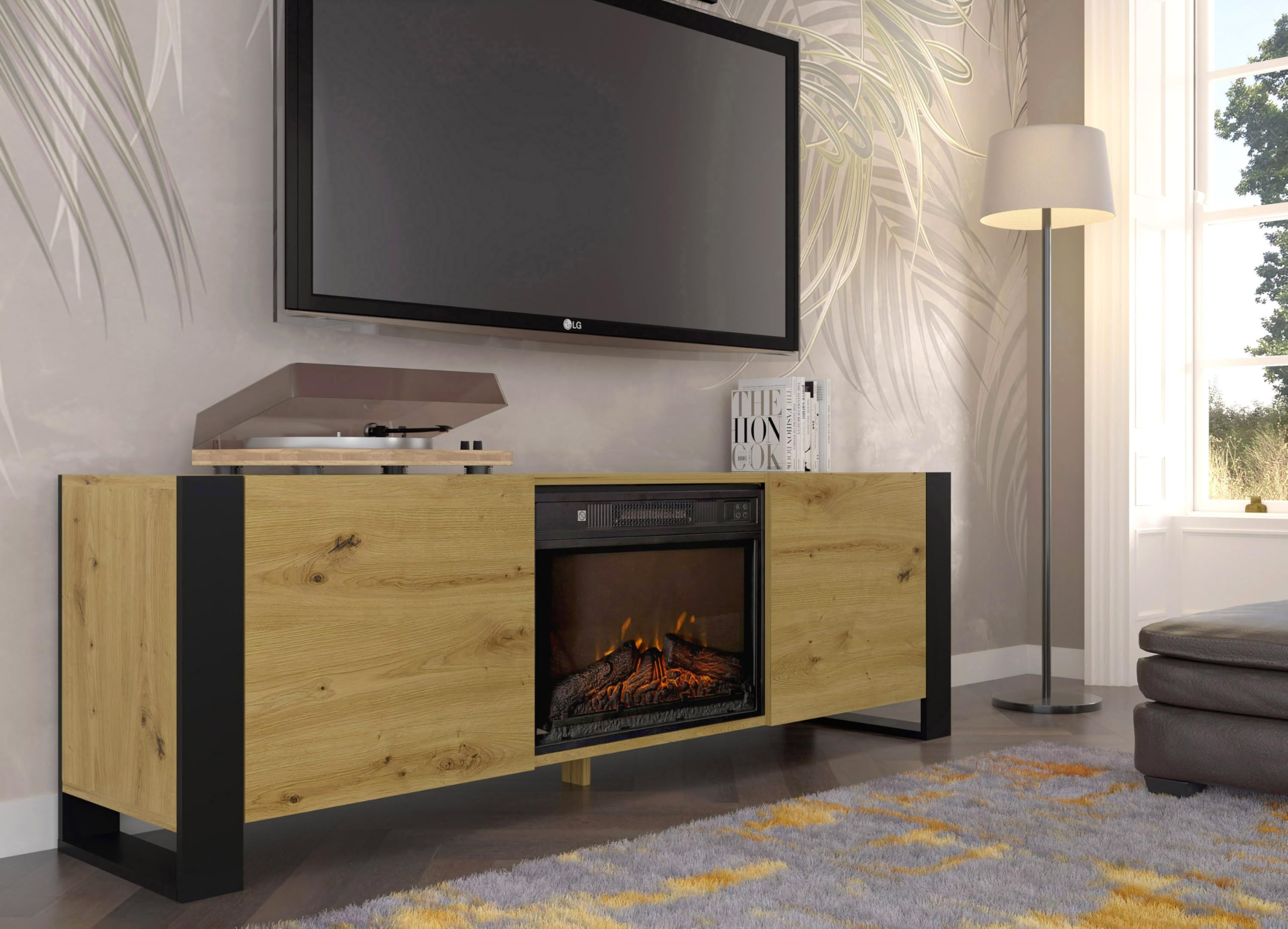 Homlando TV Schrank mit Elektrokamin 180 cm, Lowboard Fernsehtisch für Wohnzimmer, RTV Schrank in Eiche Artisan, modernes TV Möbel mit Kamin, Medienkonsole MONDI