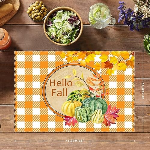 Miniatura 2 de Juego de 4 manteles individuales rústicos con texto en inglés "Hello Autumn Love Fall Y'all", manteles individuales reversibles antideslizantes para
