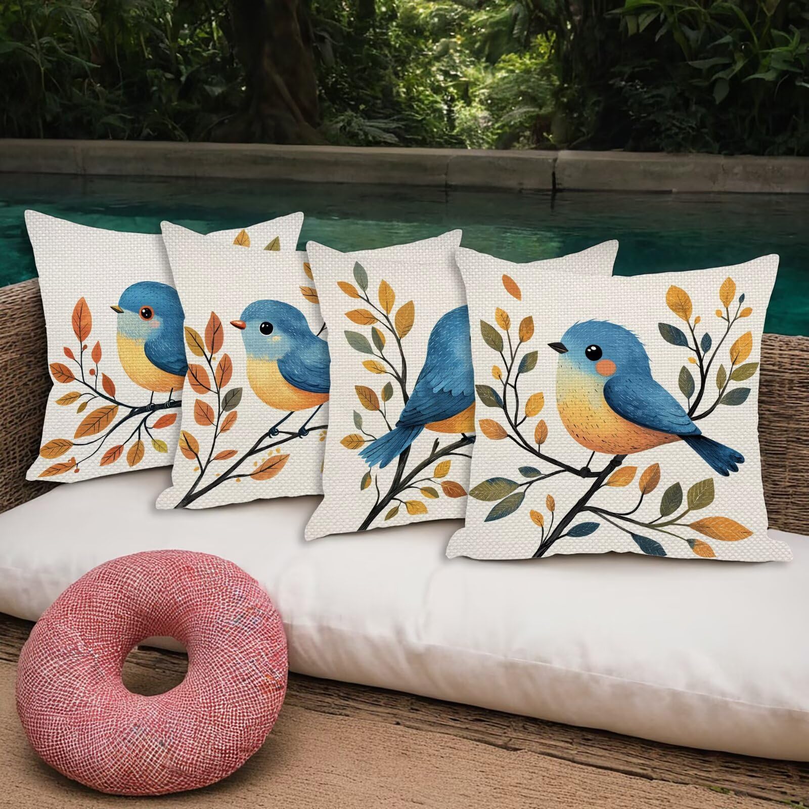 Juego de 4 Funda de Cojín Exterior Impermeable, 55x55 cm Fundas Cojínes Pájaro de Lino, Exterior Impermeable Lino Cojín Animal Decorativo, Fundas de Almohada para Patio Balcón Jardín Sofá Oficina P-85
