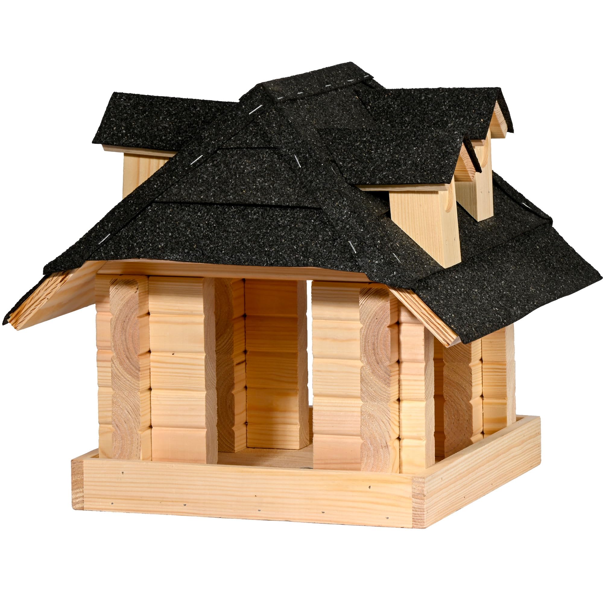 dobar Großes Vogelhaus Sort aus Massivholz mit schwarzem Bitumendach - Vogelfutterhaus für Ständermontage - Natur