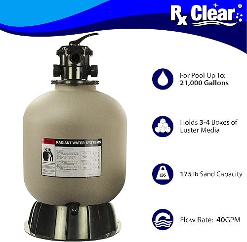 Miniatura 2 de Rx Clear Filtro de arena radiante  para piscinas sobre el suelo  Tanque de 19 pulgadas  Válvula de 6 posiciones  Viene con conexiones roscadas de