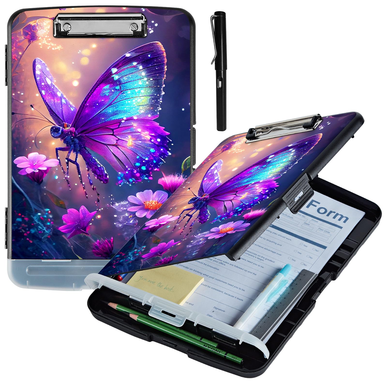 ACWDMKH Clipboard with Storage,Plastic Storage Clipboard with Low Profile Clip,Heavy Duty High Capacity Clip Boards with Pen Holder & Pencil,Teacher Must Haves,Office Supplies,Glitter Butterfly Purple — image 1