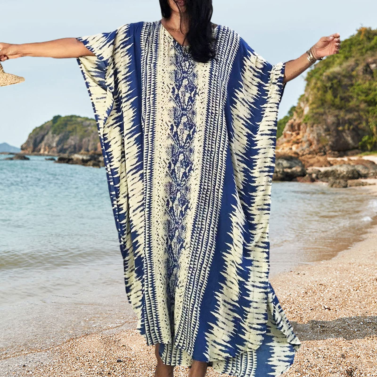 Jecarden Długa sukienka kaftanowa kaftan maxi sukienka damska na co dzień boho letnia sukienka maxi kaftan nocna odzież plażowa okrycie szlafroki dla kobiet pań