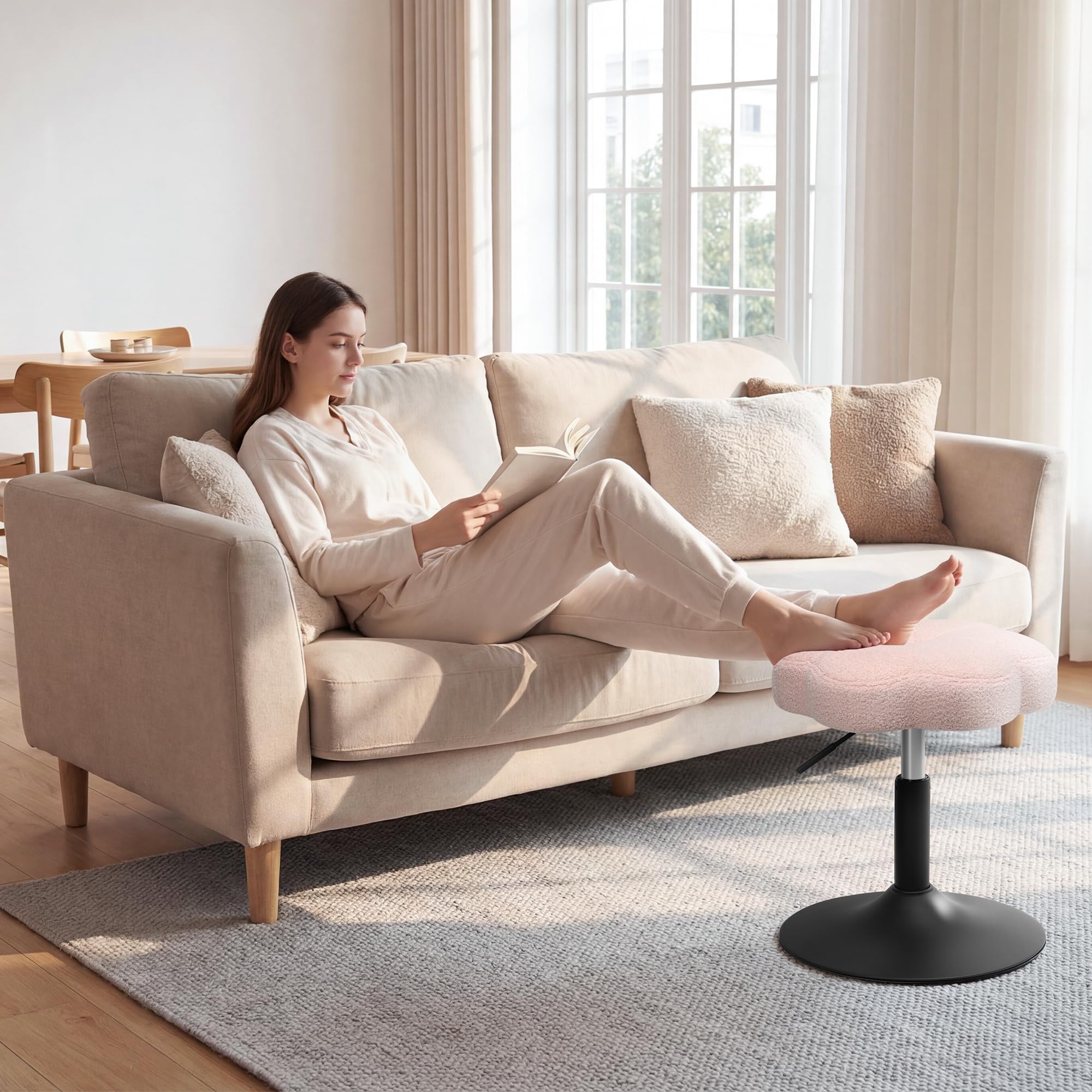 ELUCHANG Sgabello per Toeletta Trucco a Forma Di Petalo, Sedia Trucco Per Camera Da Letto, Sedia Camera da Letto - Regolabile In Altezza 40-52cm, Girevole a 360°, Traspirante Tessuto Sherpa Rosa