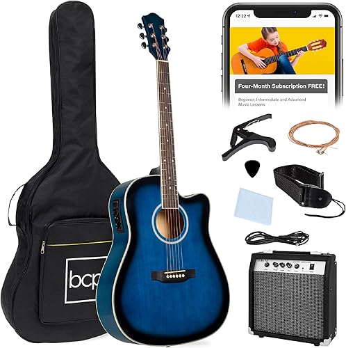 Best Choice Products Juego de iniciación de guitarra acústica eléctrica para principiantes con 41 pulgadas, diseño de corte de madera completa, Azul