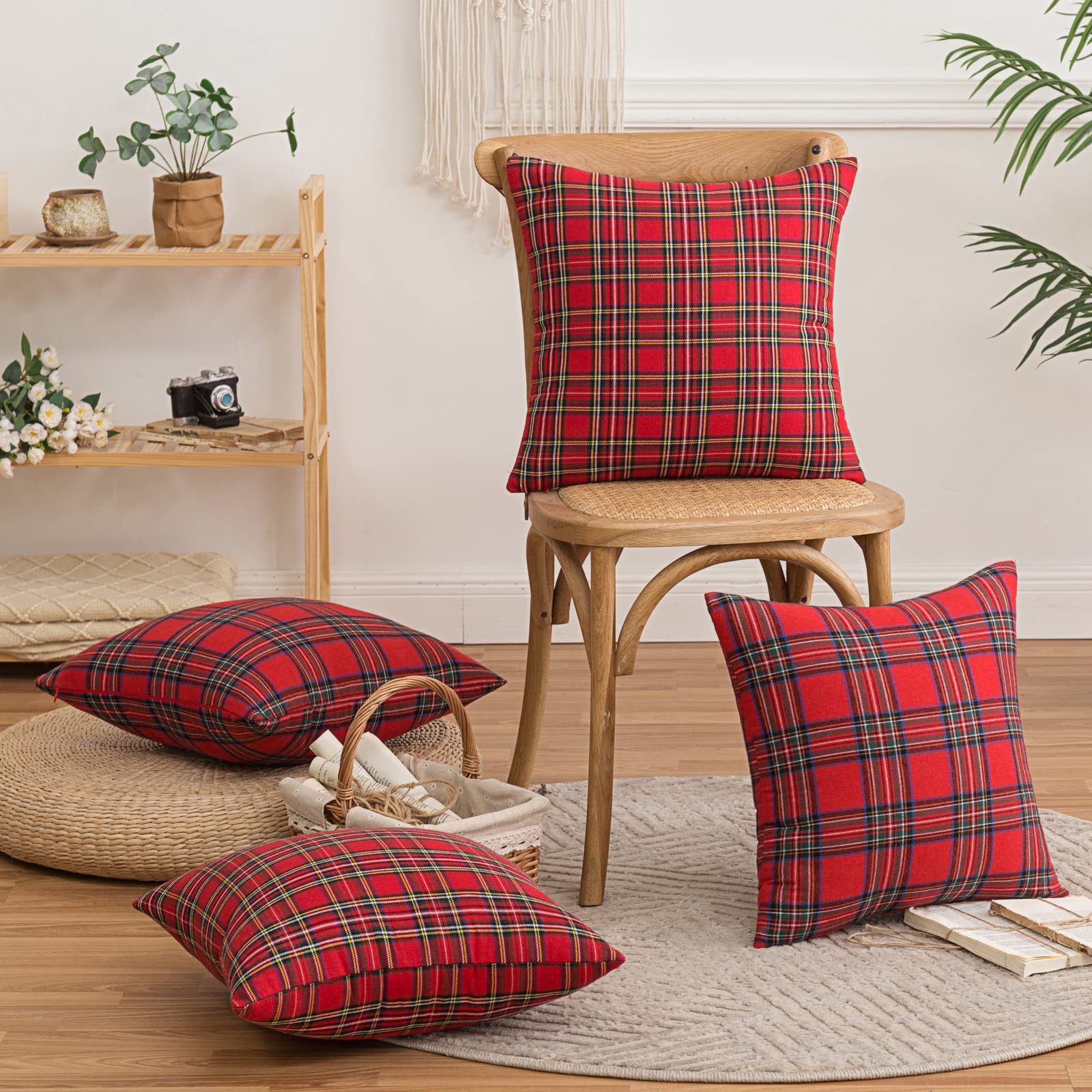 Juego de 4 fundas de cojín de tartán escocés de Navidad, cojines de cuadros rojos, clásicos y duraderos, suaves y cómodos, se pueden usar en el sofá del salón (tartan grande, 45 * 45 cm)