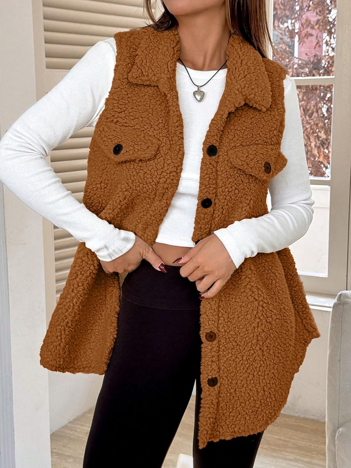 Women's Fleece Sherpa Vest Trendy Long Vests Sleeveless Jacket Oversized Trendy Button Down In Fall And Winter - Image 3