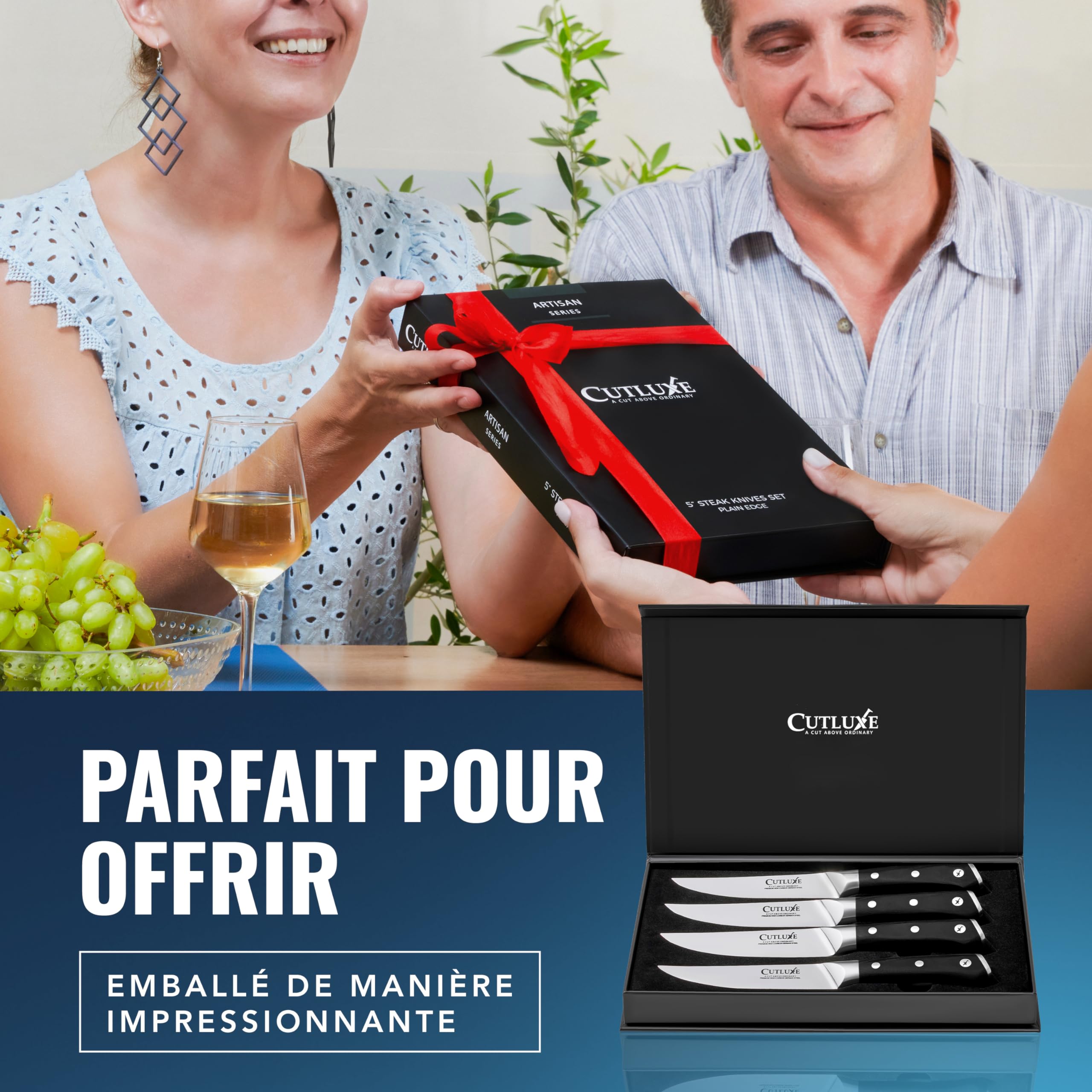 Cutluxe Couteaux à Steak 4 Pièces – Bord Uni, Couverts de Table | Lame effilée en acier allemand, manche ergonomique antidérapant; parfait pour viande grillée et repas; garantie à vie