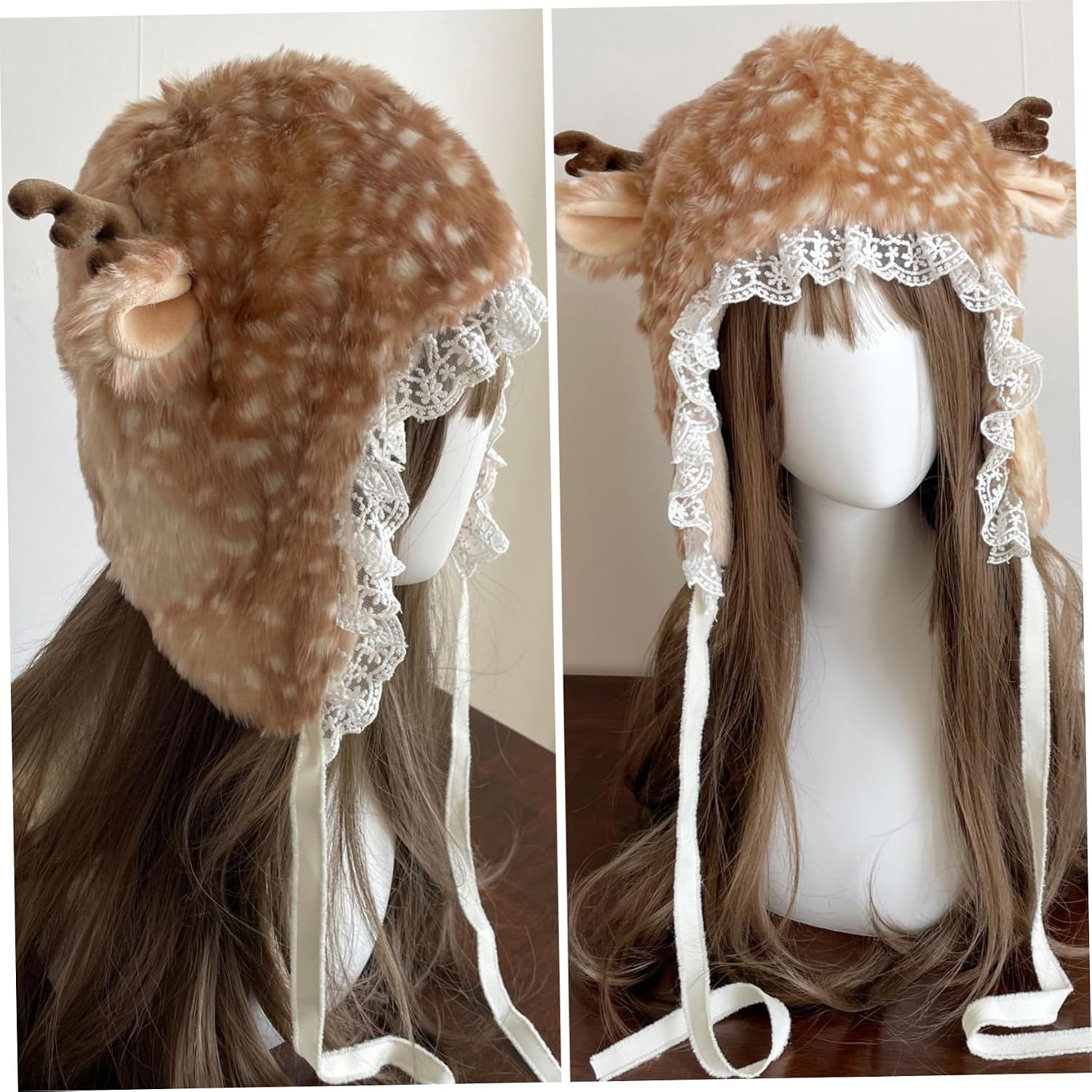 Deer Head Wrap and Deer Leg Warmers Cute Cartoon Animal Furry Hat with Lace Brim & Tie Thicken Warm for Women Christmas Holiday Party Photo Props.