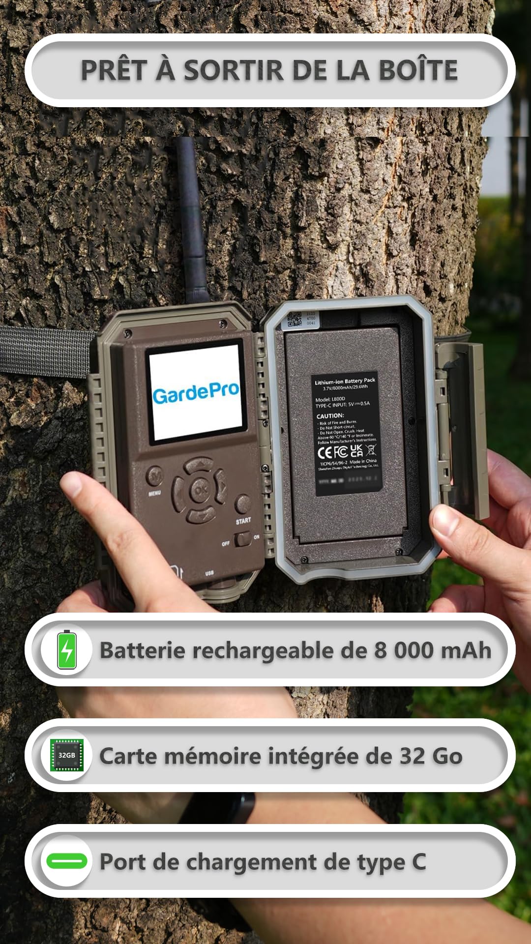 GardePro E8P Max Caméra de Chasse, WiFi, Batterie Rechargeable 8000 mAh, Carte SD Intégrée, 64MP 1296P, Caméra E8PMB No Glow Infrarouge Vision Nocturne