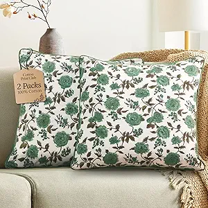 CPC 100% Cotton Throw Pillow Covers 18x18 Inch, Set of 2 Green Block Print Pattern Couch Pillow, Cute Boho Decorative Pillows for Living Room, Bedroom with Hidden Zipper- Moss Green