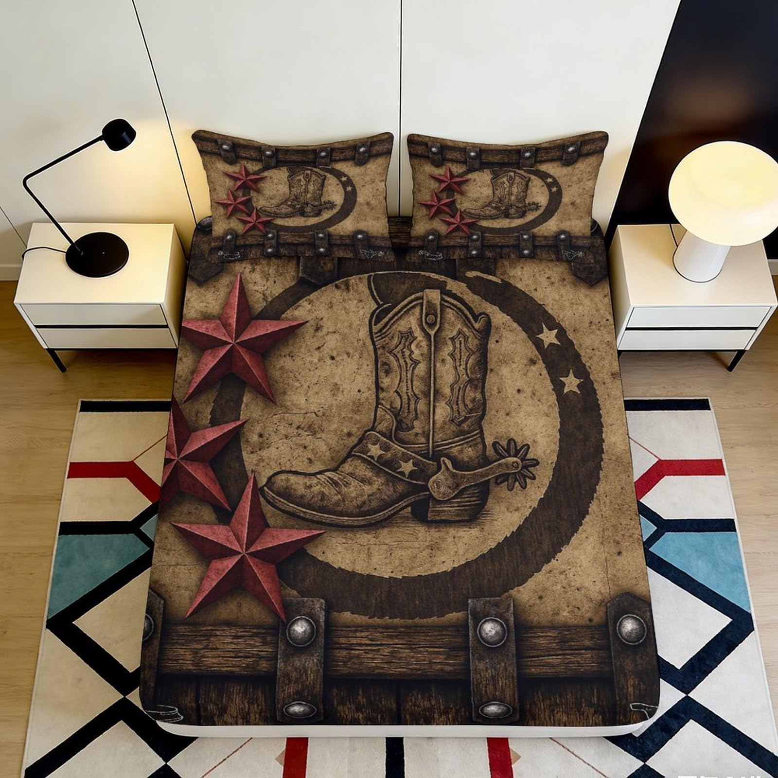 Uynsixtme Style-4 3D Printed Cowboy Boot Rustic Fitted Sheet Microfiber Deep Pocket Western Bedroom Bedding Decor Mattress Fitted Cover Non-Slip Elastic Hem Easy Care 200X200x25cm