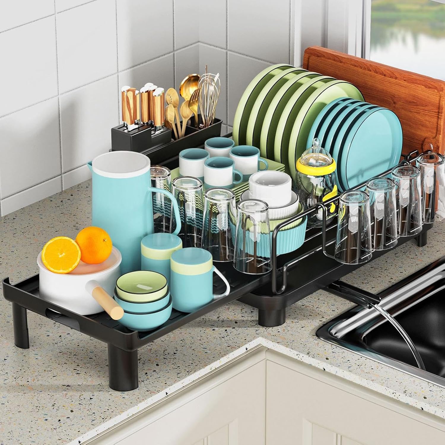 Homevc Black Expandable Dish Drainer Rack, Adjustable Dish Drying Rack For Kitchen Counter With Sponge Rack & Utensil Holder Cup Holder, Durable Carbon Steel & Anti-Rust, Space-Saving Organizer,