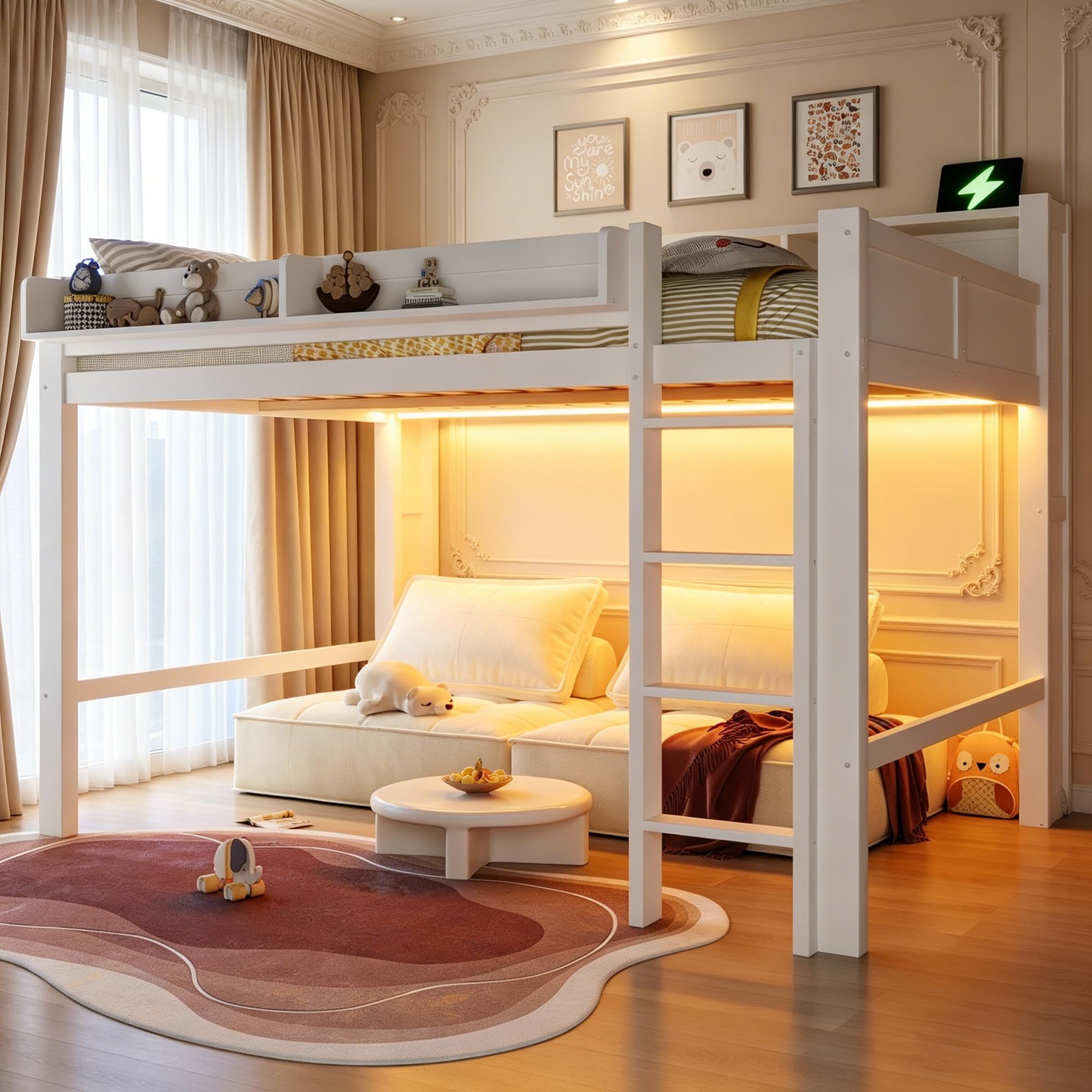 Lit Superposé Enfant 140x200cm avec éclairage LED et Port USB,Lit Mezzanine 2 Place en Bois avec rangements,Garde Corps,lit Jeune duoble,Cadre de lit Double,sans Matelas,Blanc