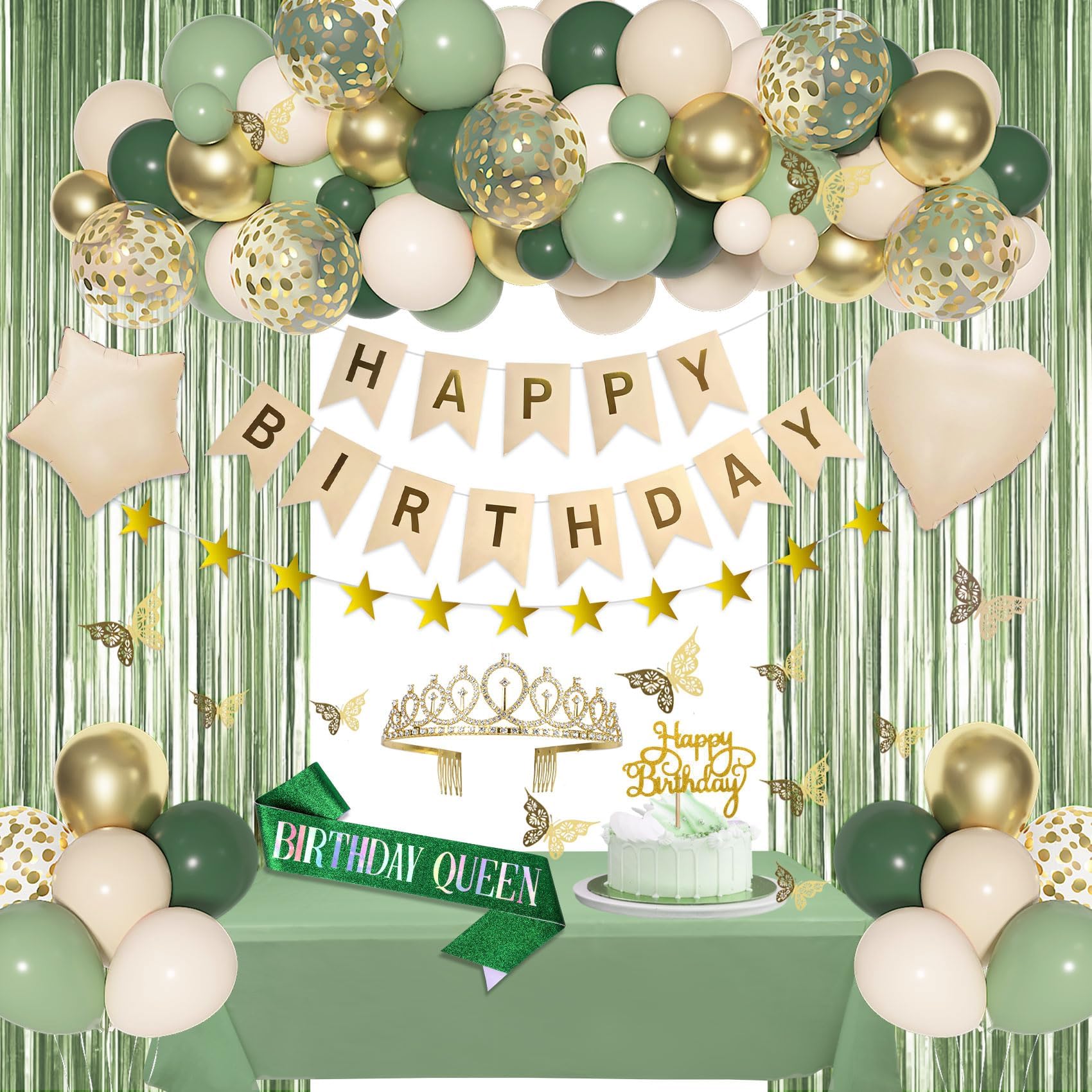 BlueCloudy Green Birthday Decorations for Women, Nude Ivory Sage Green Foil Balloons Table Cloth Sash Crown Fringe Curtains Happy Birthday Banner Star Garland Butterfly Cake Topper Party Decoration
