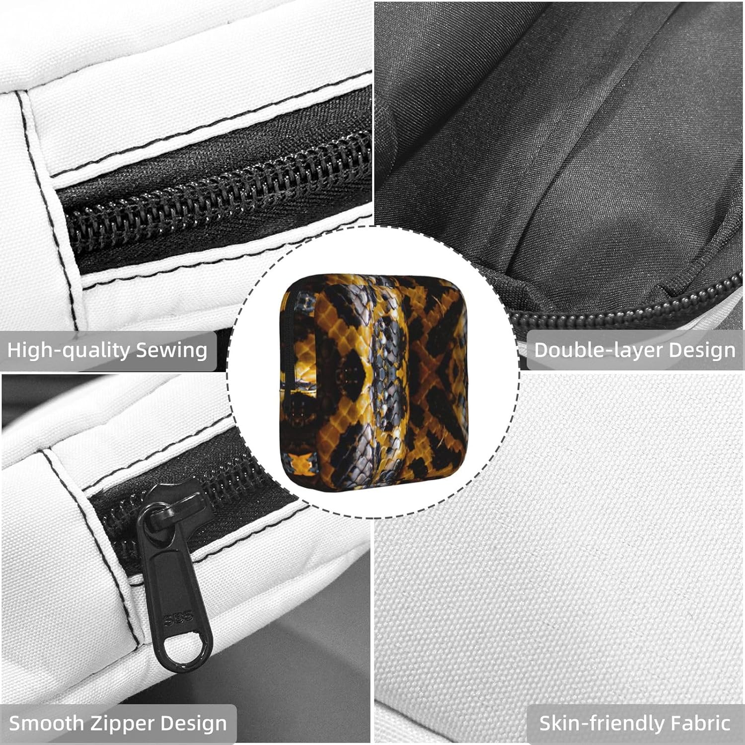 Yellow Snake Print Women Period Bag Sanitary Pouch Portable Pad Pouch Tampon Holder Small Zipper Pouch Storage Bag