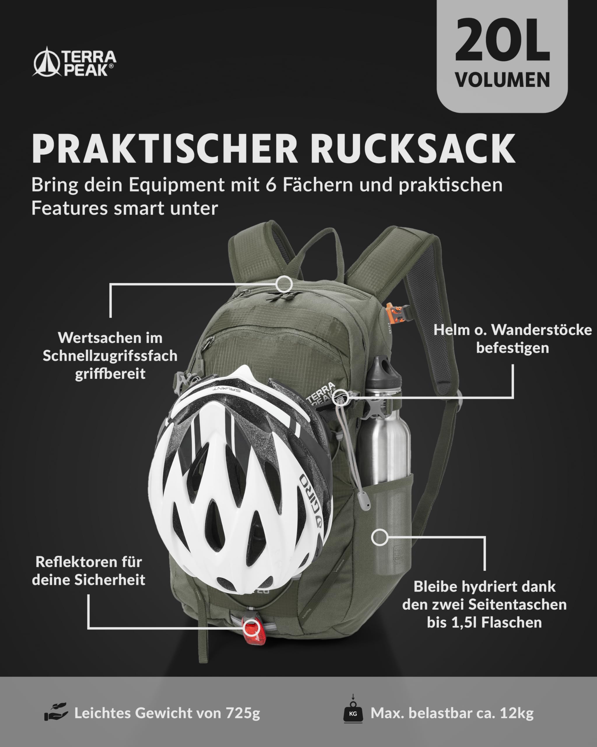 Terra Peak® Zaino da Trekking 20 litri per uomo e donna (FLEX 20 PICCOLO) - Zaino da escursionismo, viaggio e montagna da esterno ergonomico e impermeabile - con ventilazione posteriore (traspirante)