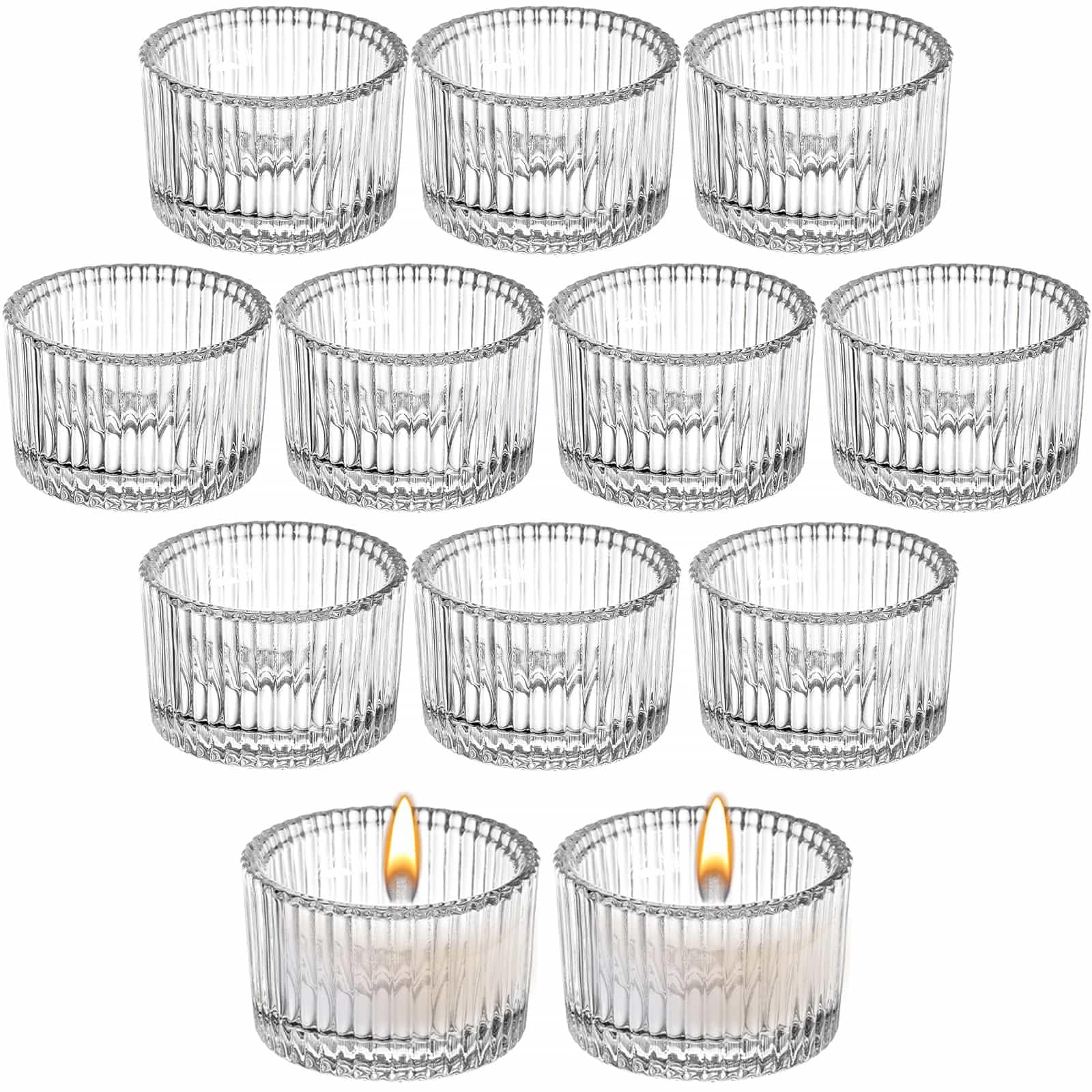 Clear Ribbed Glass Tea Light Candle Holders 12Pcs Elegant Votive Tealight Holders 5.5cm x 3.5cm Vintage Candle Holder Tea Light Holder for Weddings, Parties, Home Decor, Christmas & Restaurants (12)