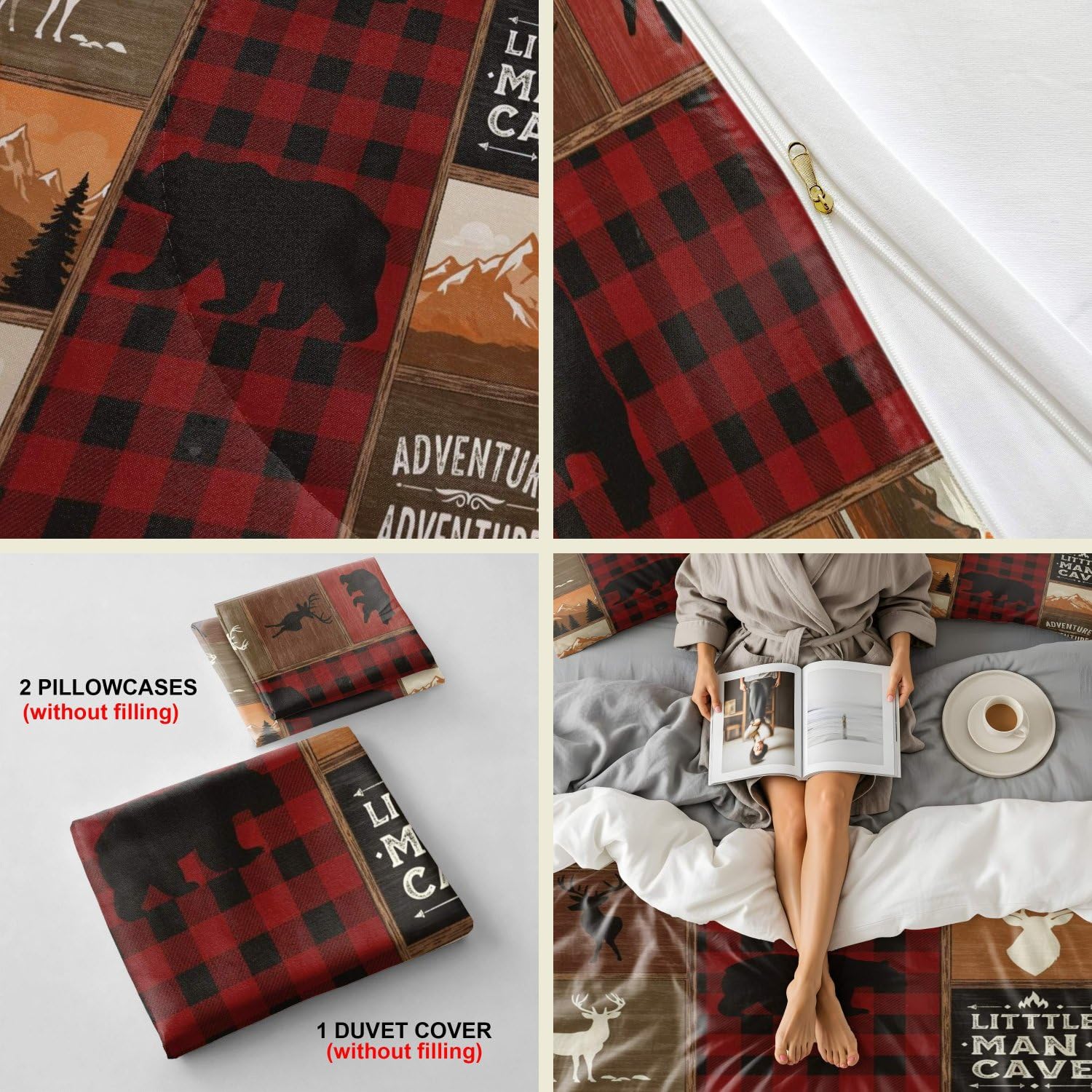 Juego de funda de edredón con estampado de oso y ciervo a cuadros rojos y negros, ropa de cama para niños, ropa de cama de aventura al aire libre para niños, 3 piezas, diseño de estilo vintage (01