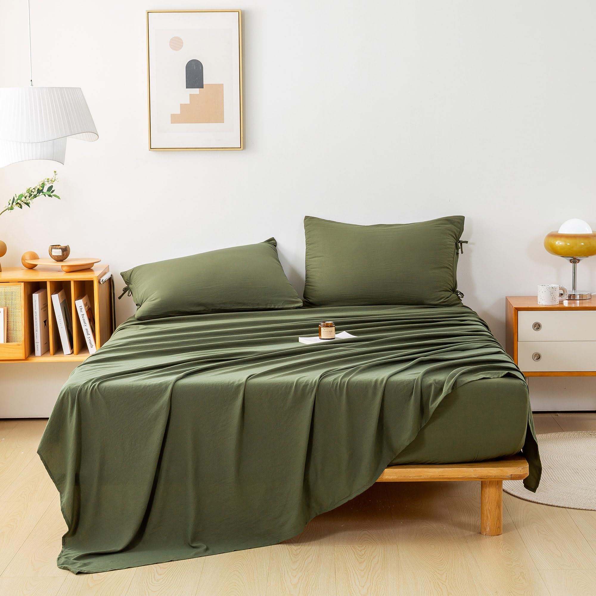 COTTEBED Olive Green Boho Full Size Bed Sheet Set - Softness Percale Vintage Washed Polycotton Solid Bedding Set, Breathable Cool Full Fitted with Deep Pocket to 16