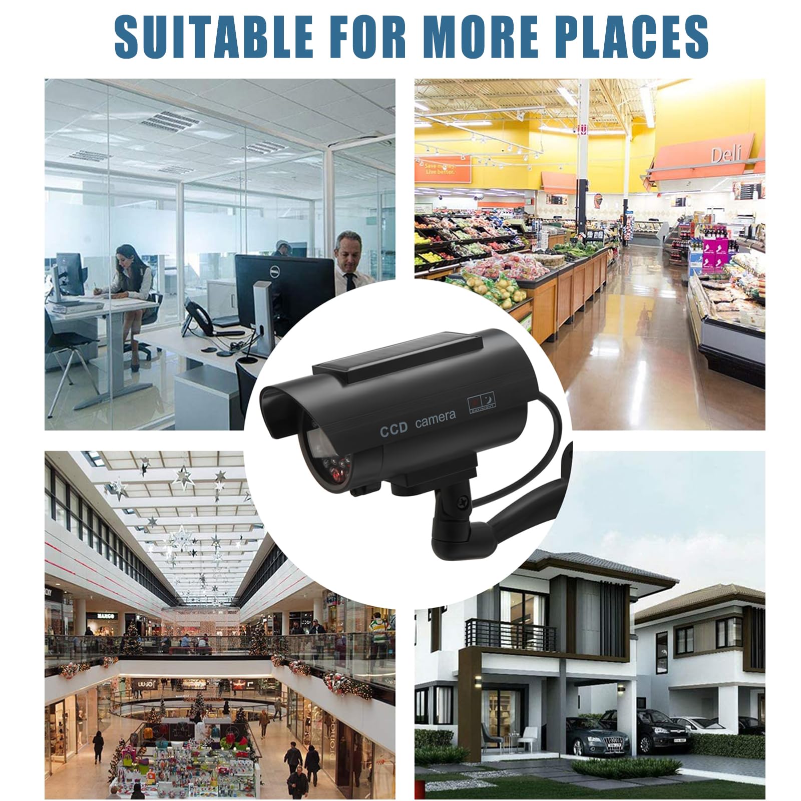 Twilight Garage Lot de 2 caméras de vidéosurveillance factices solaires étanches avec lumière LED rouge clignotante et autocollant d'avertissement de sécurité, utilisation en intérieur et en extérieur