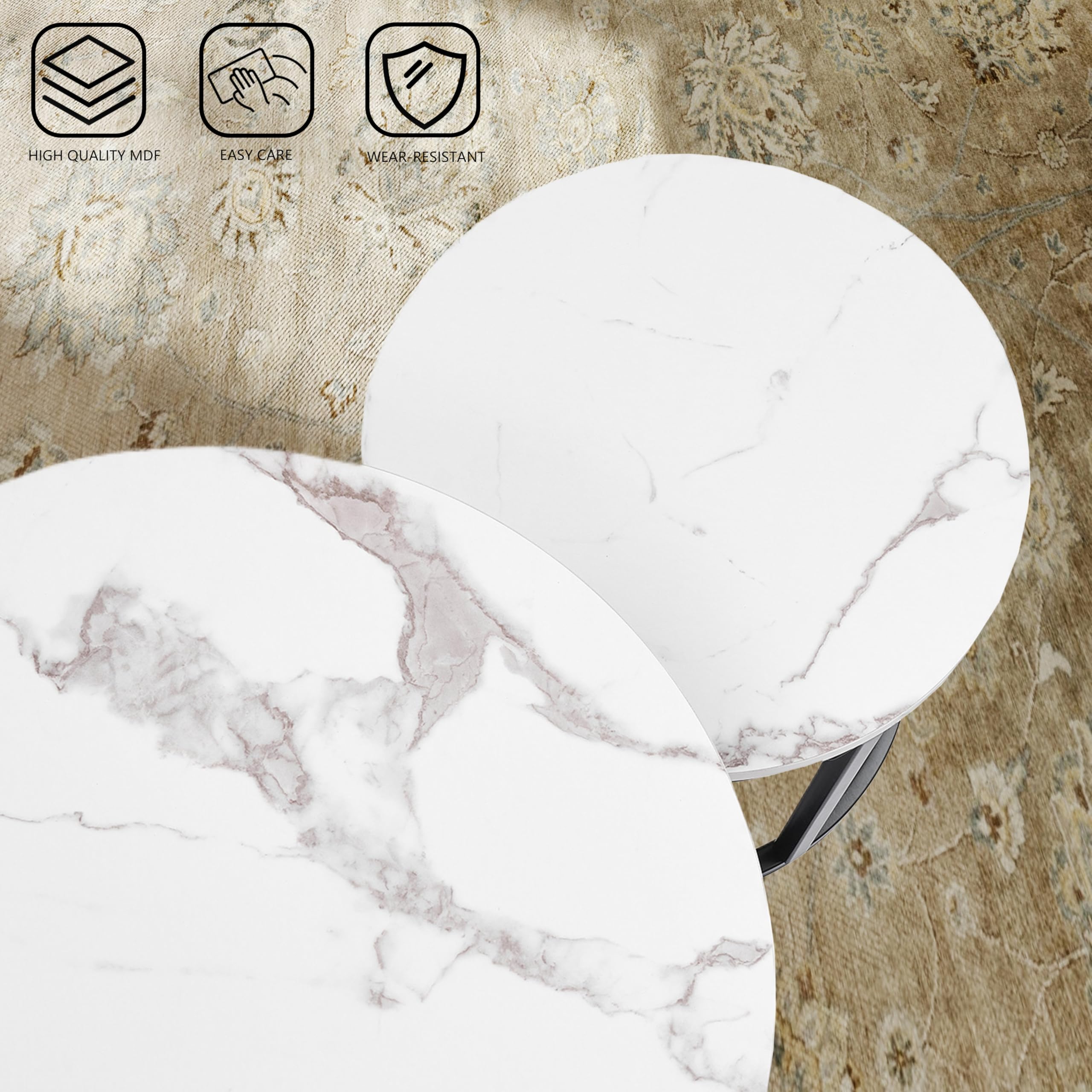 Lot de 2 Tables Basse Rondes Blanche, Table Basse Marbre, Petite Table Balcon 2 Personnes avec Pied en Métal Noir, 50cm + 40cm (Blanc Marbre+ Noir Pied)