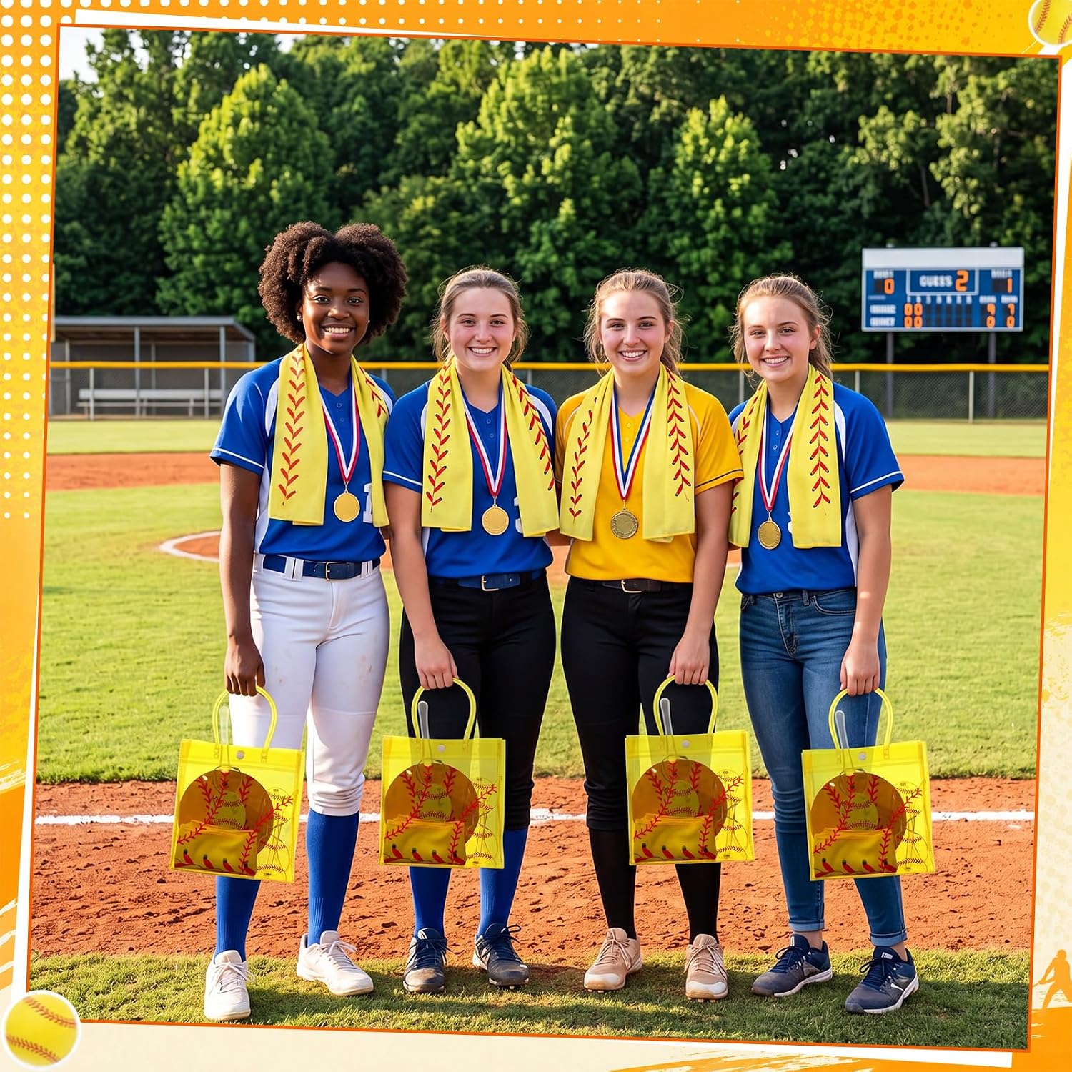 Frienda 60 Pcs Softball Party Favors 40 x 12 Cooling Towel Handheld Fan Clear Softball Gift Bag with Handles Luggage Tags Sport Glasses for Sport Party Team Gift
