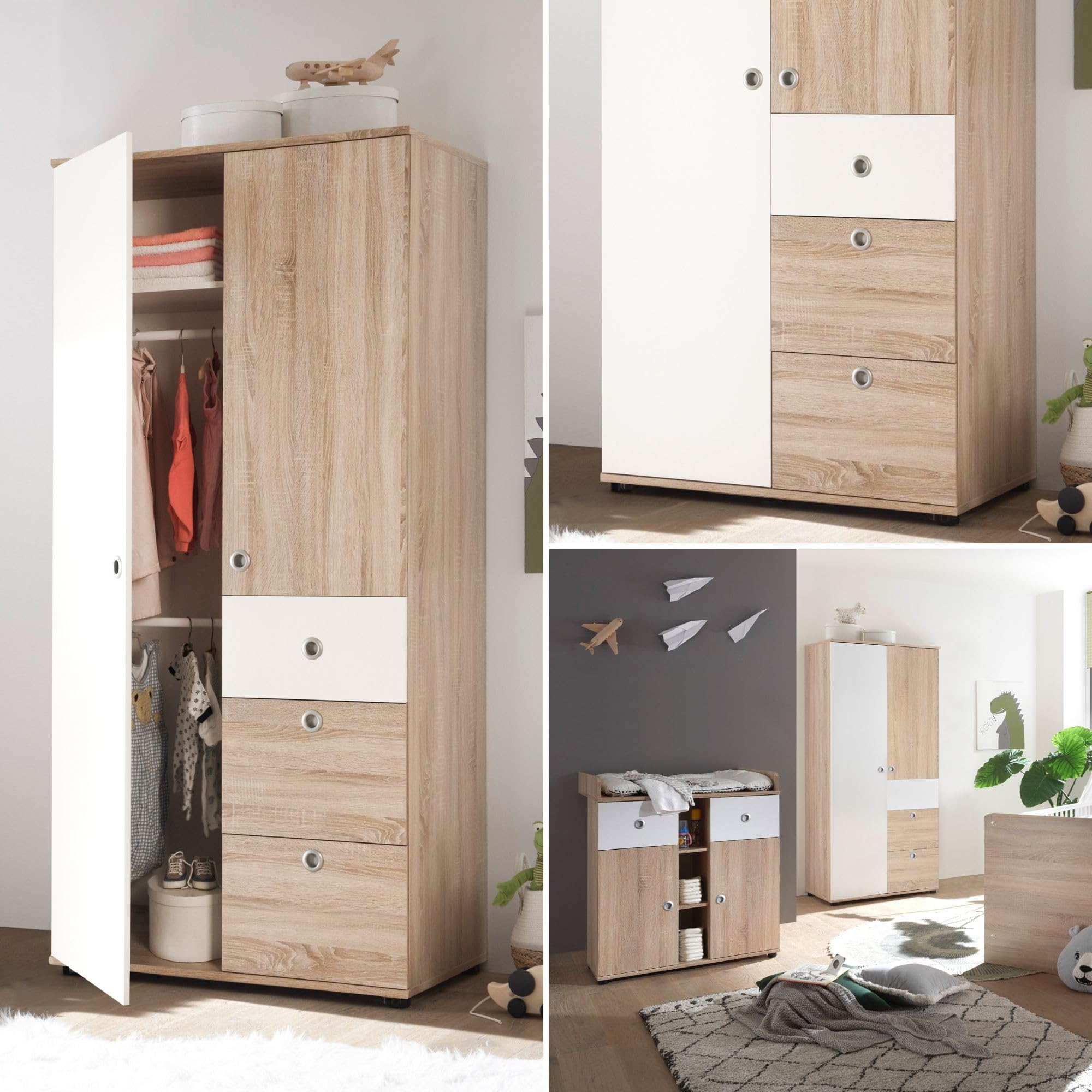 WIKI Eleganter Babyzimmer Kleiderschrank 2-türig 90 x 191 x 53 cm Eiche Sonoma Optik Weiß