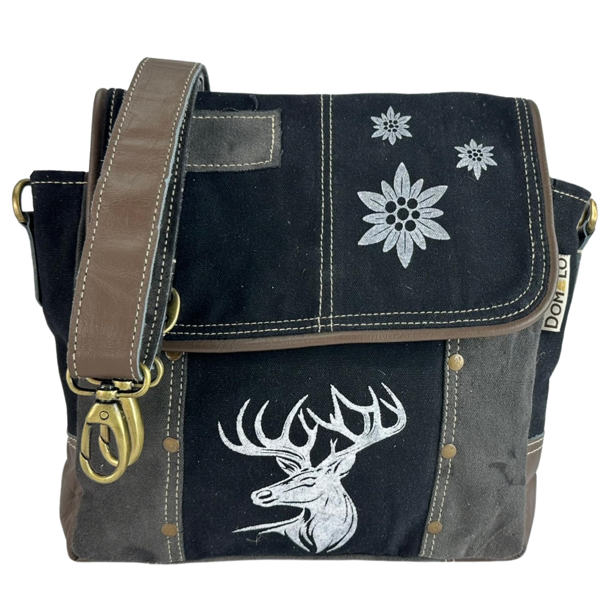 Domelo Trachtentasche. Schwarz/grau Messenger Tasche nit Hirsch/Edelweiß